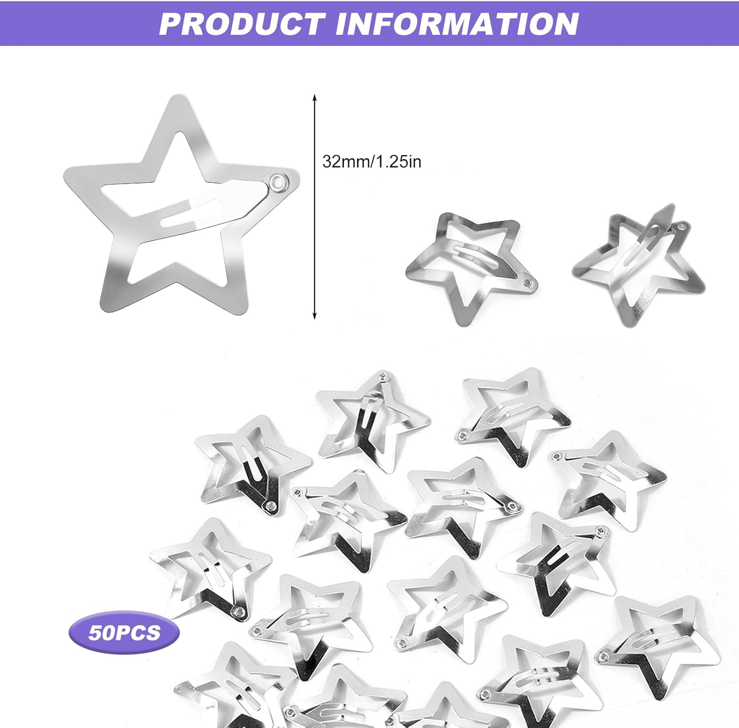 Star Hair Clips Silver, 50 Pcs Metal Star Snap Hair Clips Cute Stars Hairclips Small Barrettes Accessories Clip for Women Girls image number 1