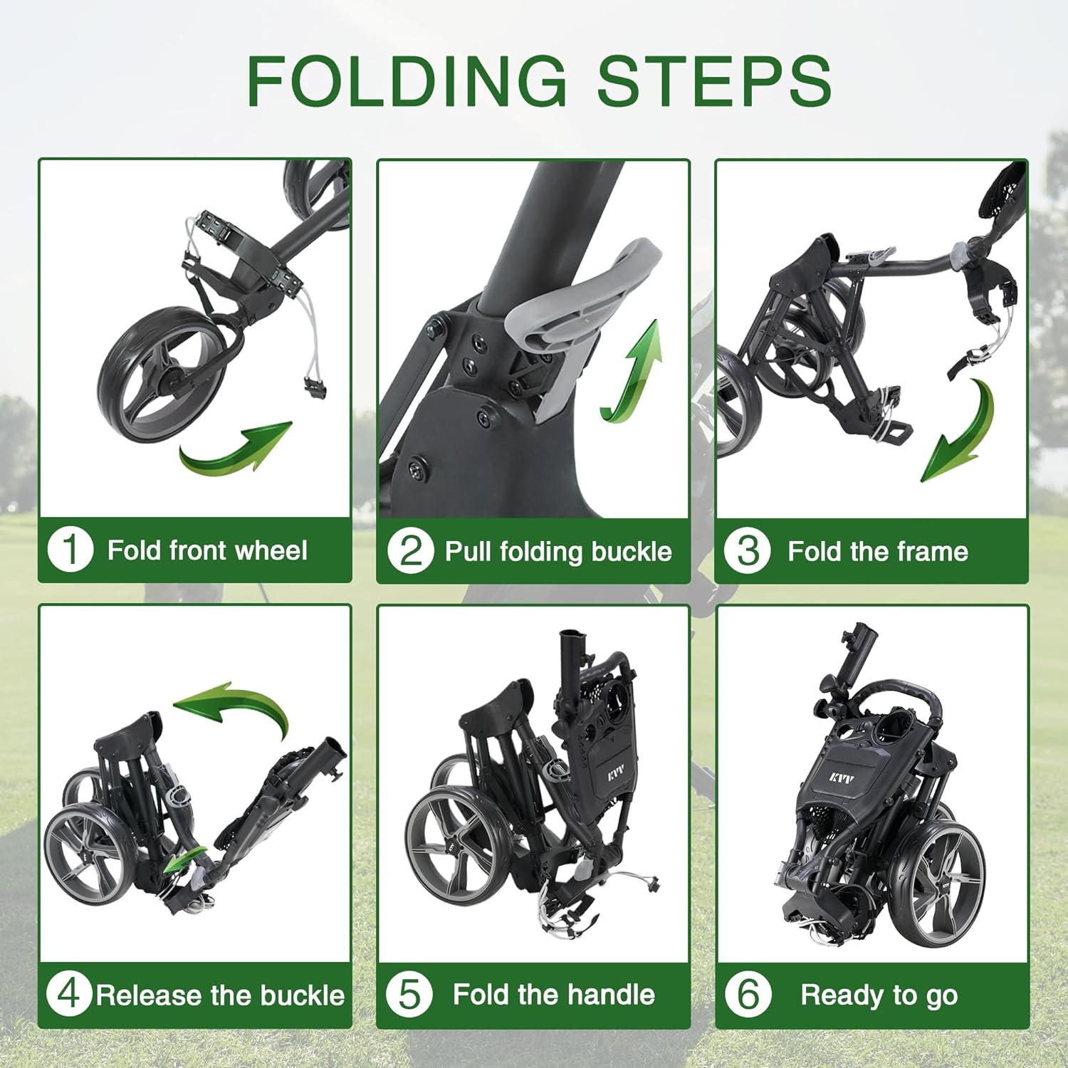 KVV 3 Wheel Foldable Golf Push Cart Ultra Lightweight Smallest Folding Size, New-Version Scorecard Holder - Grey image number 4