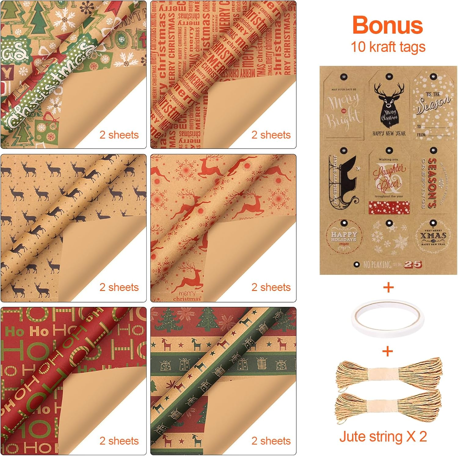 12 Pack Wrapping Paper Bulk,Cozy CORE Kraft Paper Eco-Friendly Recycled Kraft Sheets (70X50Cm) 6 Unique Designs + Bonus 10M Jute String & 10 Gift Tags image number 3