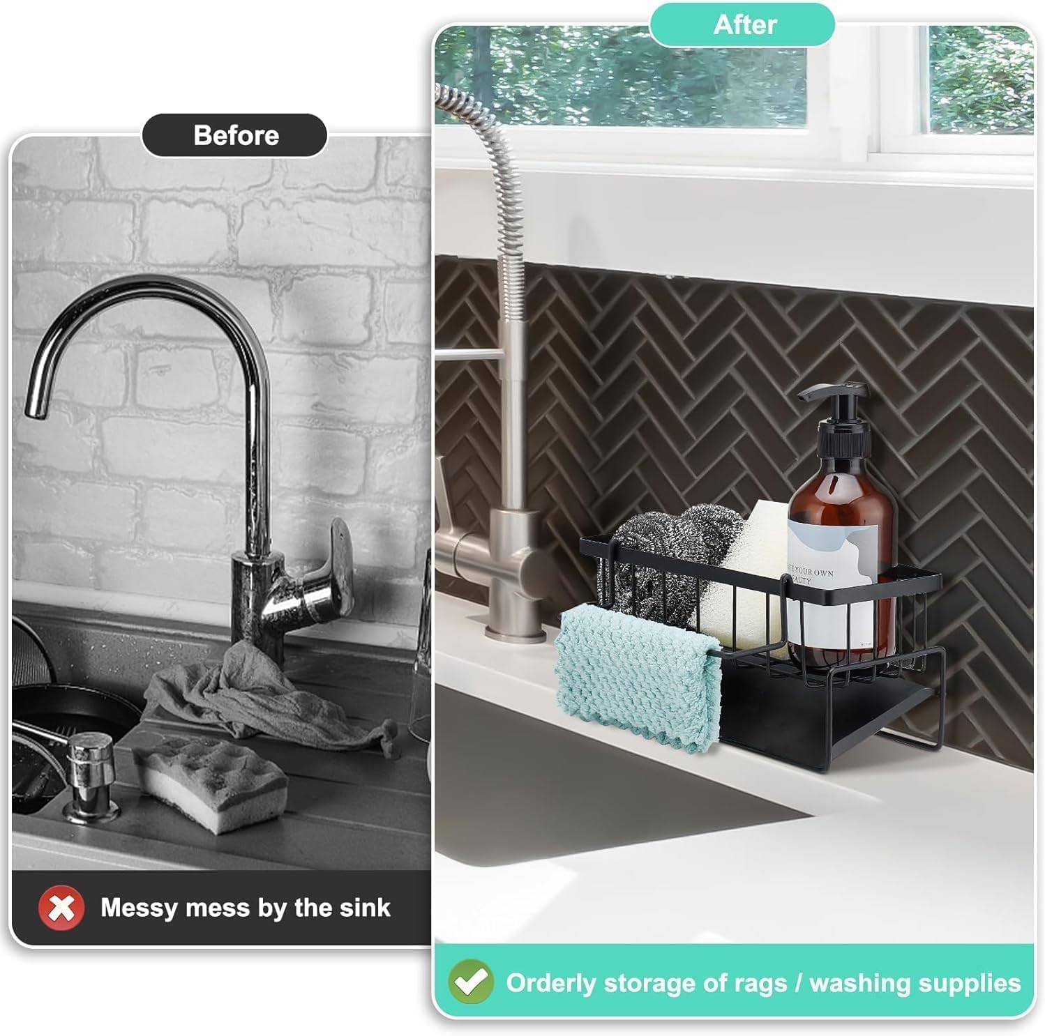 Kitchen Sink Caddy Organzier,Sponge Holder for Sink, 304 Rustproof Stainless, Kitchen Countertop Soap Dispenser Organizer, Kitchen Decor and Accessories image number 4