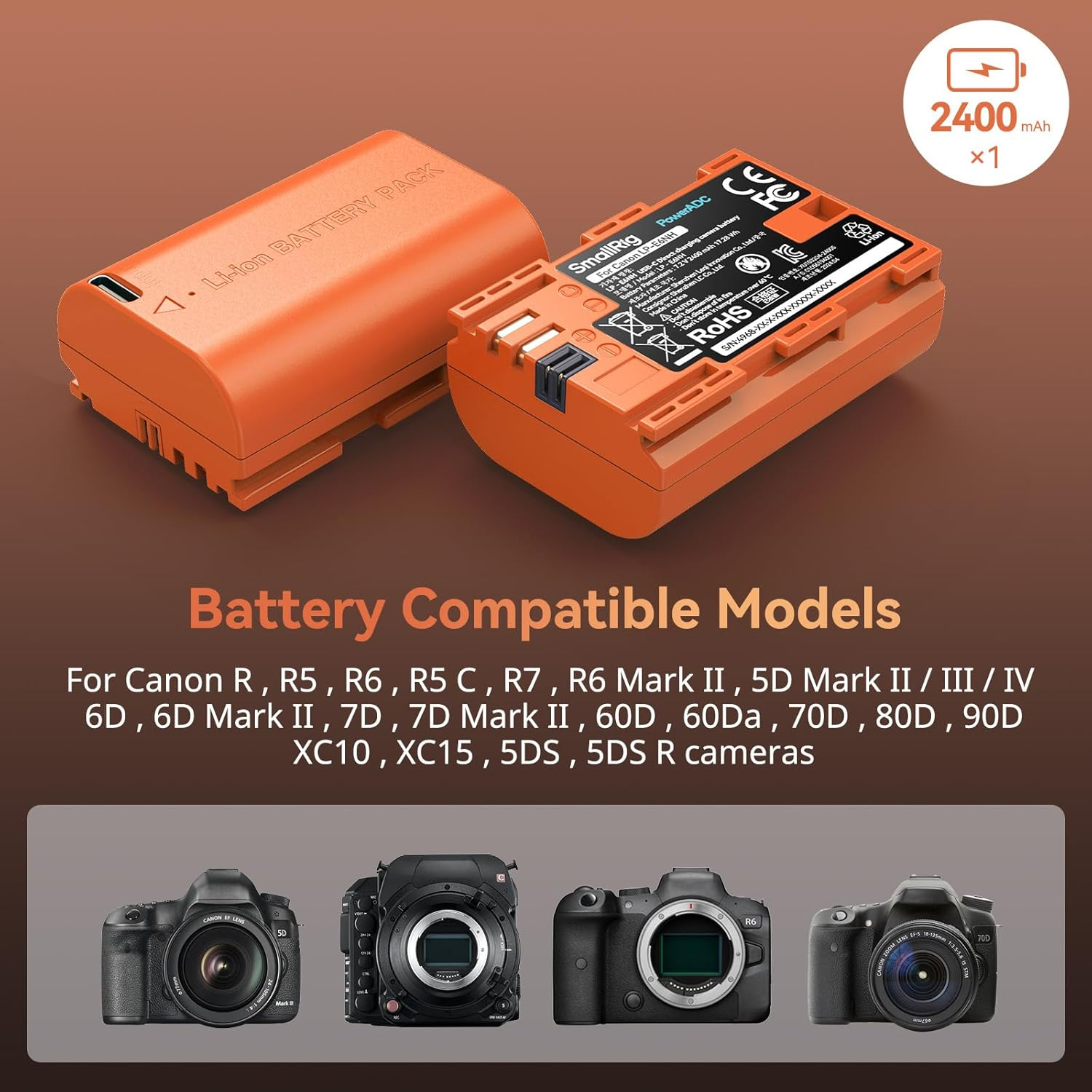 SMALLRIG LP-E6NH 2400Mah USB-C Battery for Canon R5, R6, R7, 2.5H Full Charged Battery for Canon R6 Mark II, R, R5 C, 5D II/III/IV, 6D, 6D II, 7D, 7D II, 60Da, 70D, 80D, 90D, Orange - 4968 image number 3
