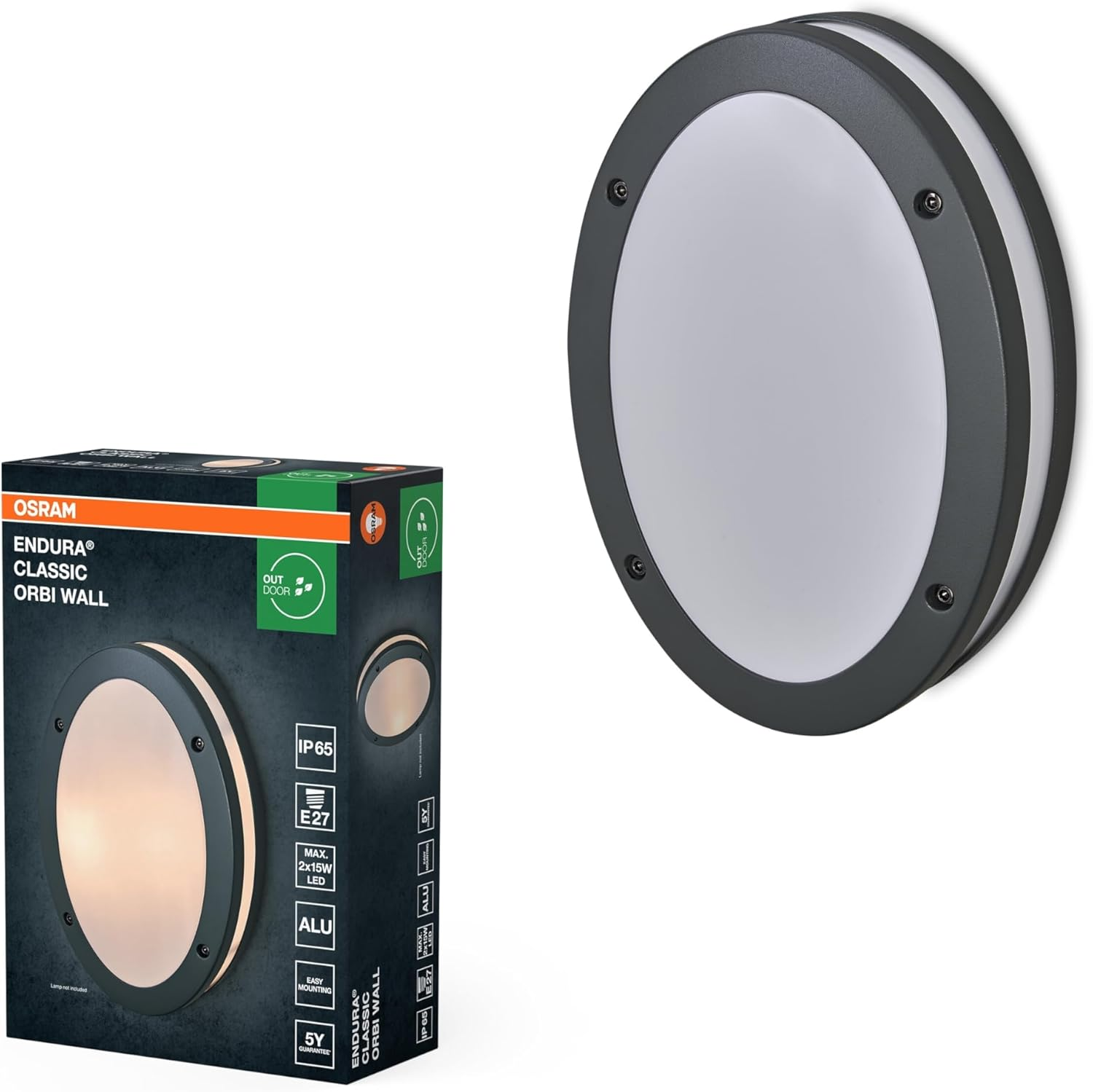 OSRAM Endura Classic Orbi W Outdoor Light, Wall Light, E27 Socket, Dark Grey, Aluminium, Quick & Easy Installation, Frosted Diffuser, IP65 Protection Class, Outdoor Use image number 3