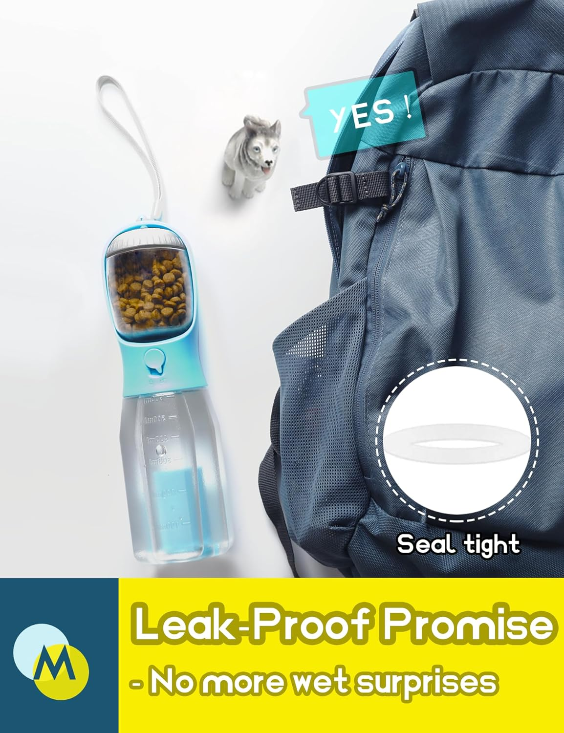 Portable Water Bottle for Dogs, 3 in 1 Pet Travel Bowl Dispenser with Food Treat Container & Poop Bag Holder, Summer Outdoor Walking Hiking Accessories for Large Dog on the Go - Blue, 20Oz image number 1