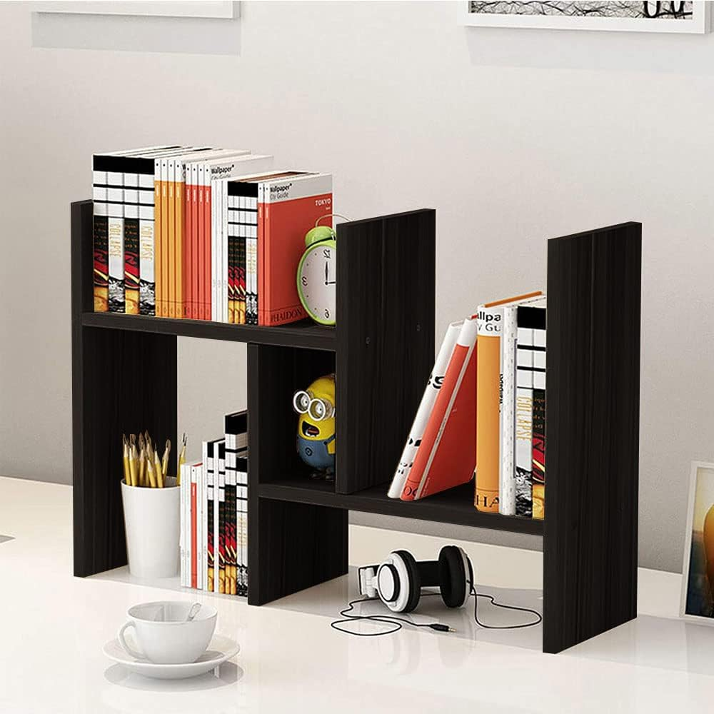 Office Desktop Bookshelf Adjustable Large Wood Display Shelf Desktop Organizer Office Storage Rack Countertop Bookcase Office Supplies Desk Organizer Accessories (Black)