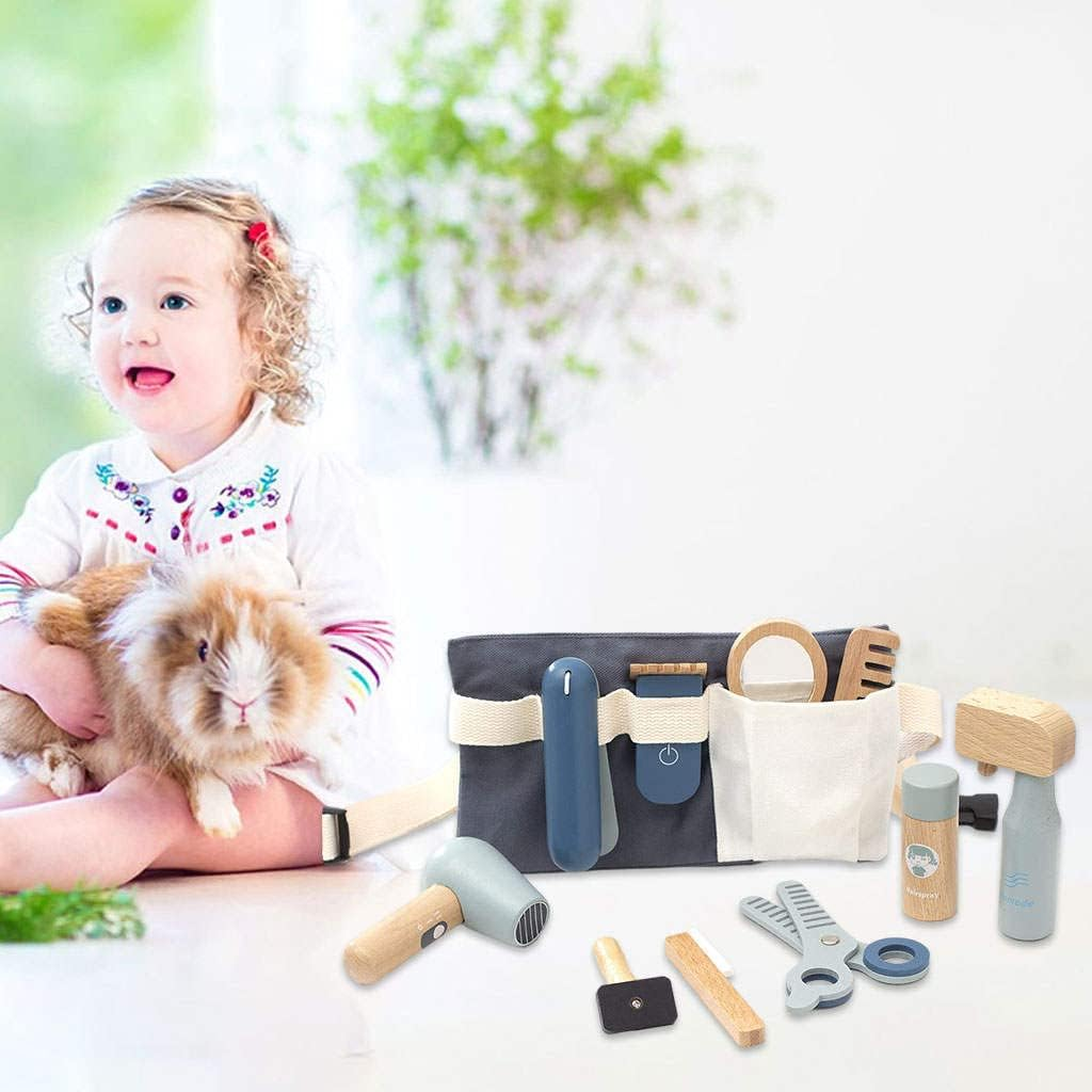 NC 11Pcs Simulation Wooden Beauty Salon Toys Pretend Play Mirror and Cosmetics Case with Toy Hairdryer Hair Styling Set Party Toy for Girl Toddler - Salon Kit