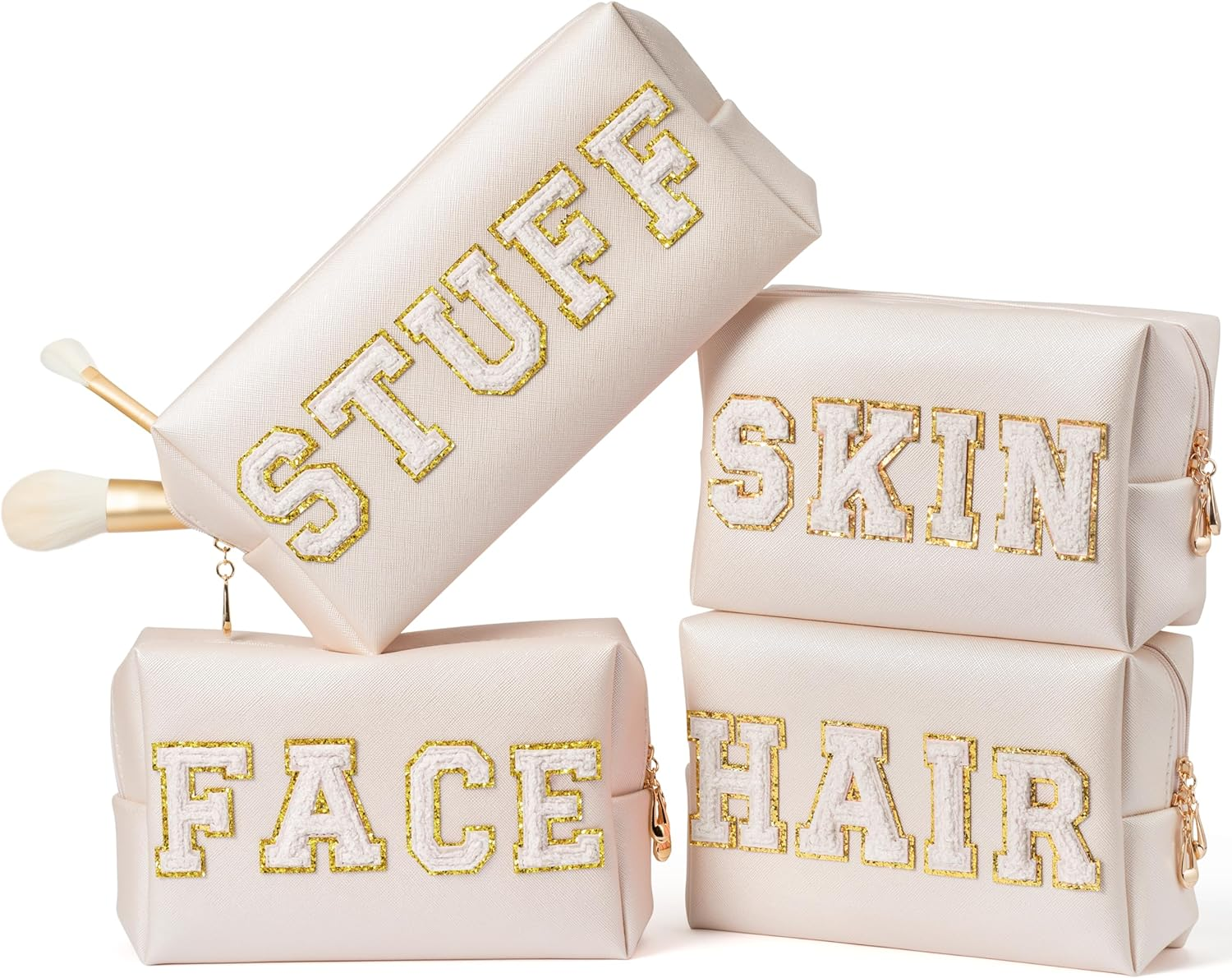 Y1Tvei 4Pcs Preppy Patch Varsity Letter Makeup Bag Sewn with White Skin Hair Face Stuff Chenille Letter Cosmetic Toiletry Bag PU Leather Waterproof Portable Zipper Purse Travel Organizer E1 image number 2