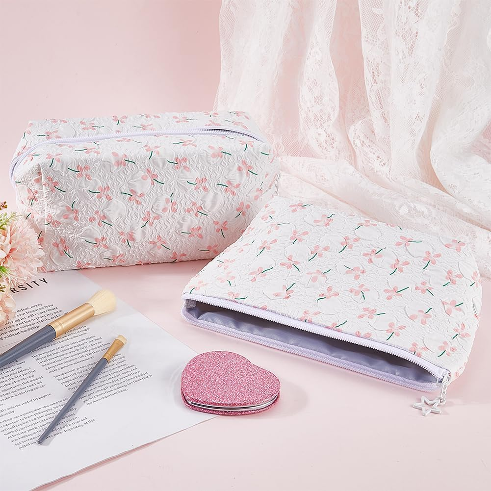 CABODYALS 2 Pieces 2 Styles Flowers Travel Cosmetic Bags Set White Quilted with Zip Make up Bags Cute Flowers Portable Storage Toiletries Organiser Make up Fabric Bag Bulk Pack - Blue image number 2