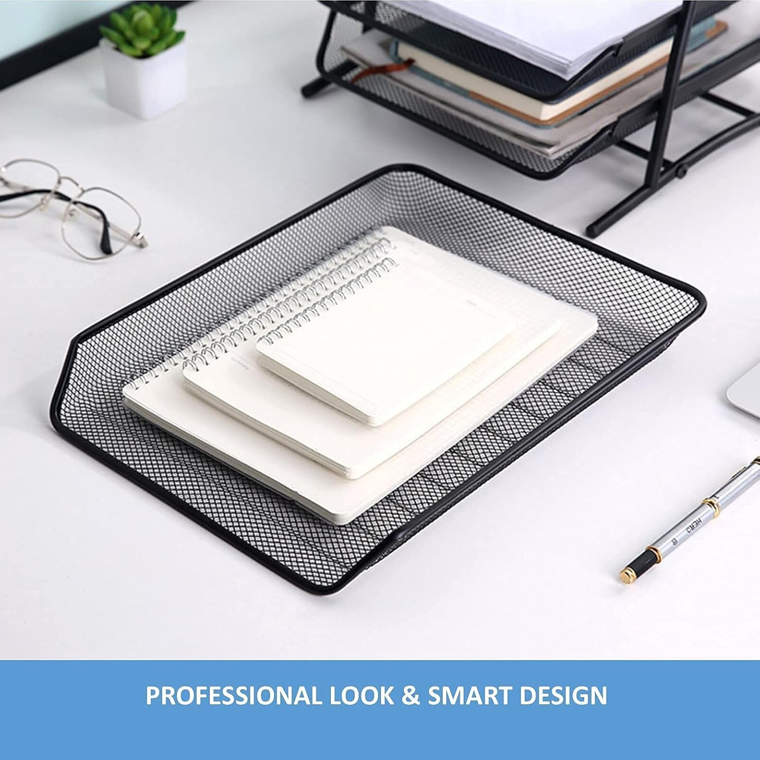 4-Tier Stackable Office Letter Organizer, Desk Tray, Metal Mesh File Storage, Desktop Organizer 12" L X 13.75" W X 12.5" H, (Black) image number 3