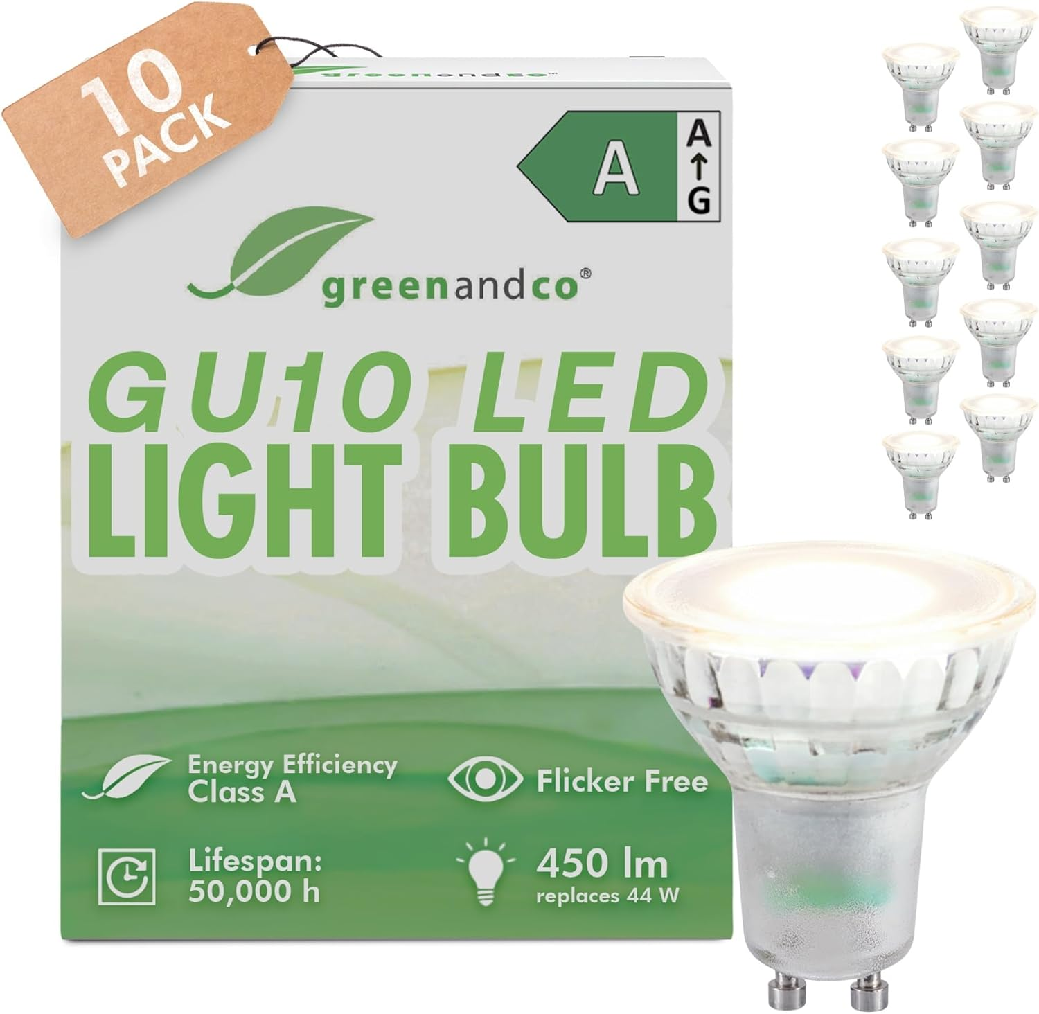 Greenandco 5 X LED Spotlights, GU10, 2.5 W, 450 Lm, 6500 K, Cold White, 36&deg;, 230 V, Flicker-Free, Energy Efficiency Class A, Not Dimmable