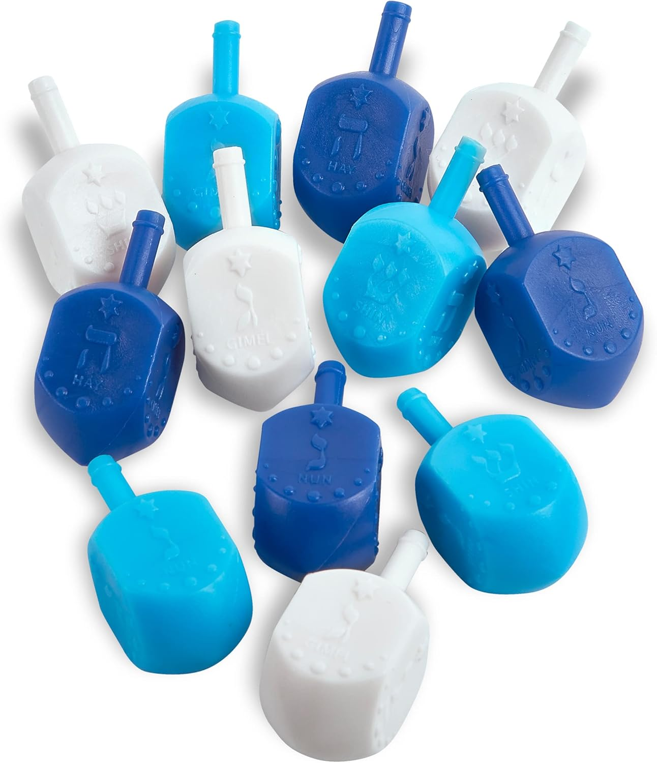 Zion Judaica Hanukkah Dreidels Multi Blue, White Medium Size Dridels Bulk Plastic Drydlech Hebrew Letters and English Transliteration Includes Traditional Chanukah Game Guide Ziplock Bag Hanuka Fun image number 4
