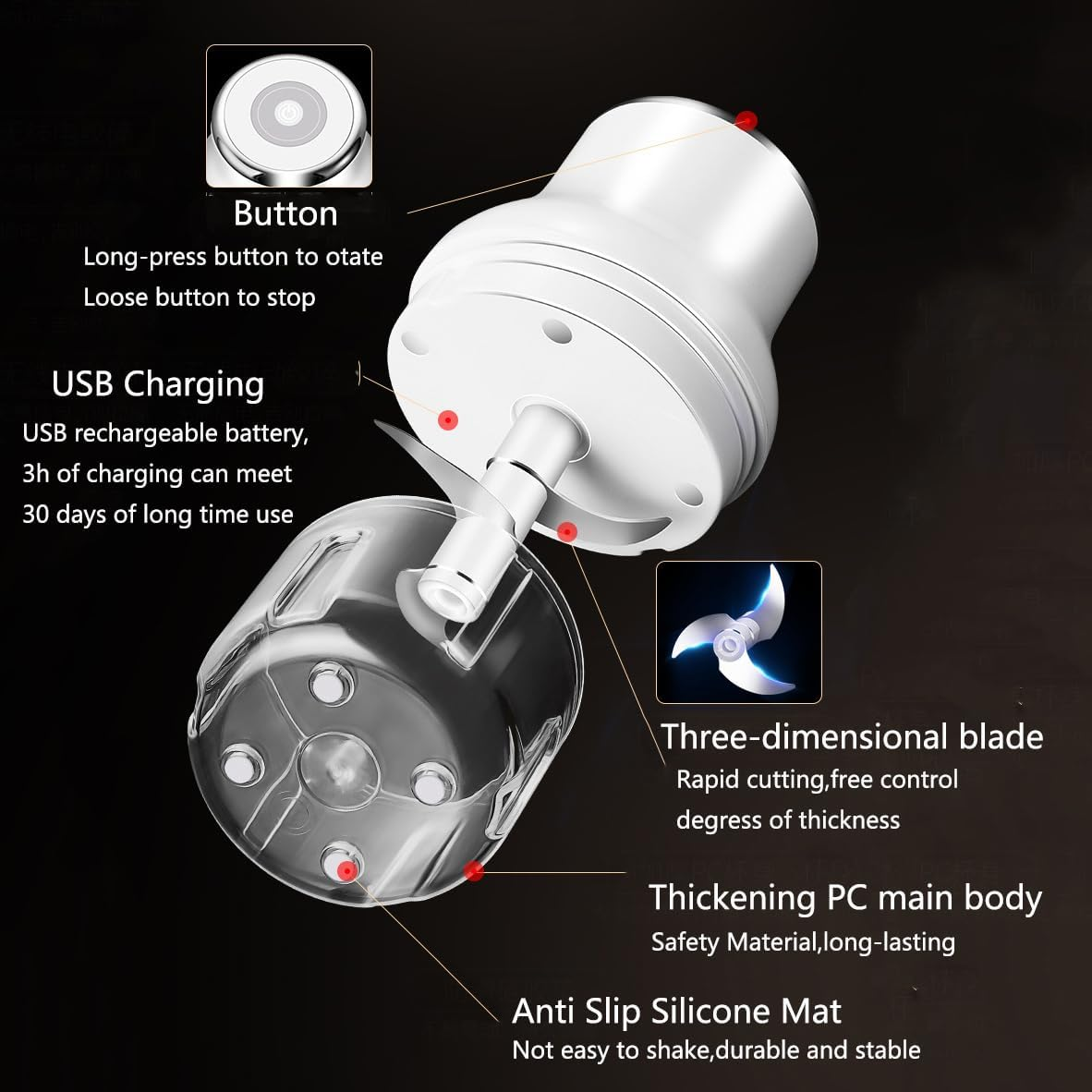 Electric Garlic Chopper, 250ML Mini Portable Garlic Crusher, Garlic Grinder Masher Onion Chopper, Blender to Vegetable, Wireless Food Processor for Ginger, Chili, Fruit, Meat, Etc image number 6