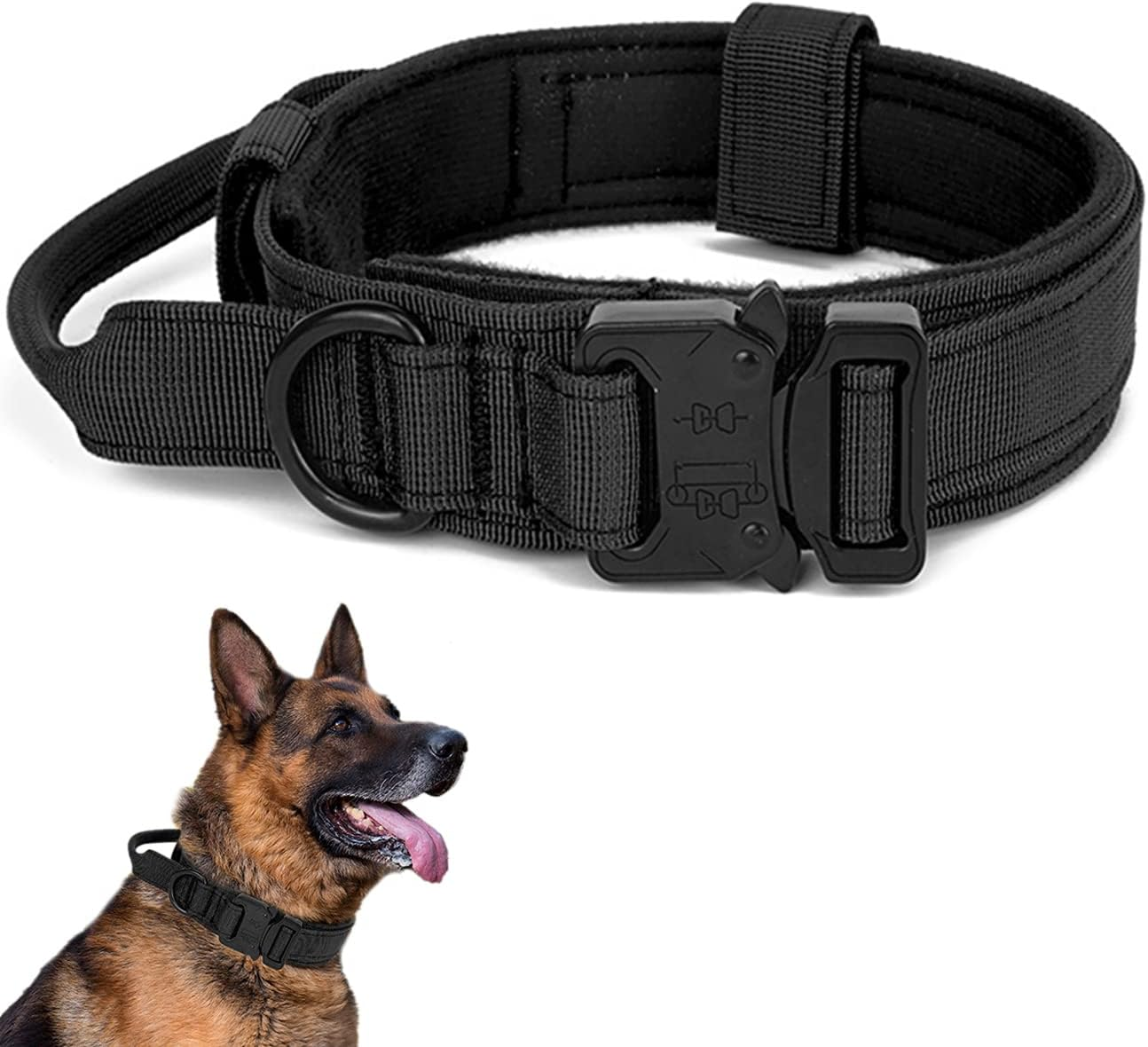 Tactical Dog Collar, Adjustable Collar with Control Handle, Soft Padded Nylon Dog Collar with Robust Metal Buckle for Medium Large Dogs