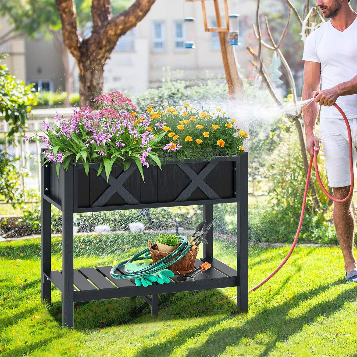 Costway HIPS Raised Garden Bed, Poly Wood Elevated Planter Box W/Legs, Storage Shelf, Drainage Holes, Weather-Proof Standing Growing Bed Planter for Flower Herb Vegetable Fruit, 5-10 Year Warranty image number 6