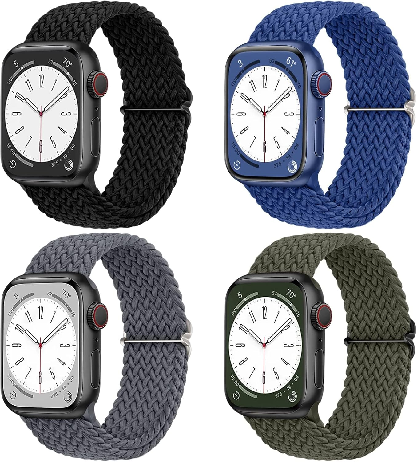 Ixtra 4 Pack Braided Stretchy Solo Loop Compatible with Apple Watch Band 38/40/41/42Mm, 42/44/45/46/49Mm Women Men, Adjustable Nylon Strap Wristband for Iwatch Series10 9 8 7 6 SE 5 4 3 2 1 Ultra1/2