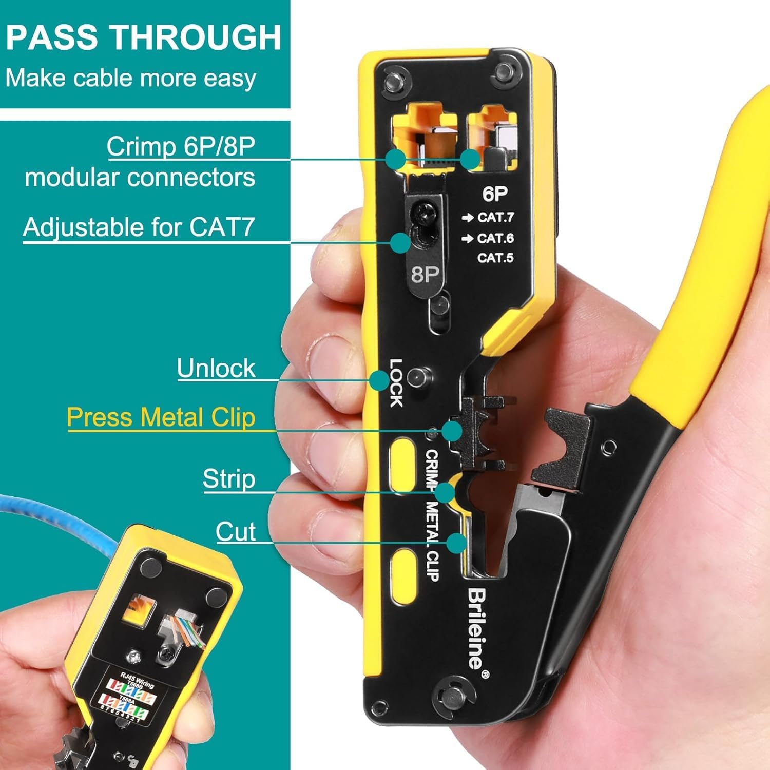 RJ45 Crimp Tool Kit Pass through Crimper RJ45 Crimping Tool Stripper All-In-One for 8P RJ45 Cat5 Cat5E Cat6 6P RJ11/12 Telephone Connectors Network Enthernet Crimper Kit image number 1