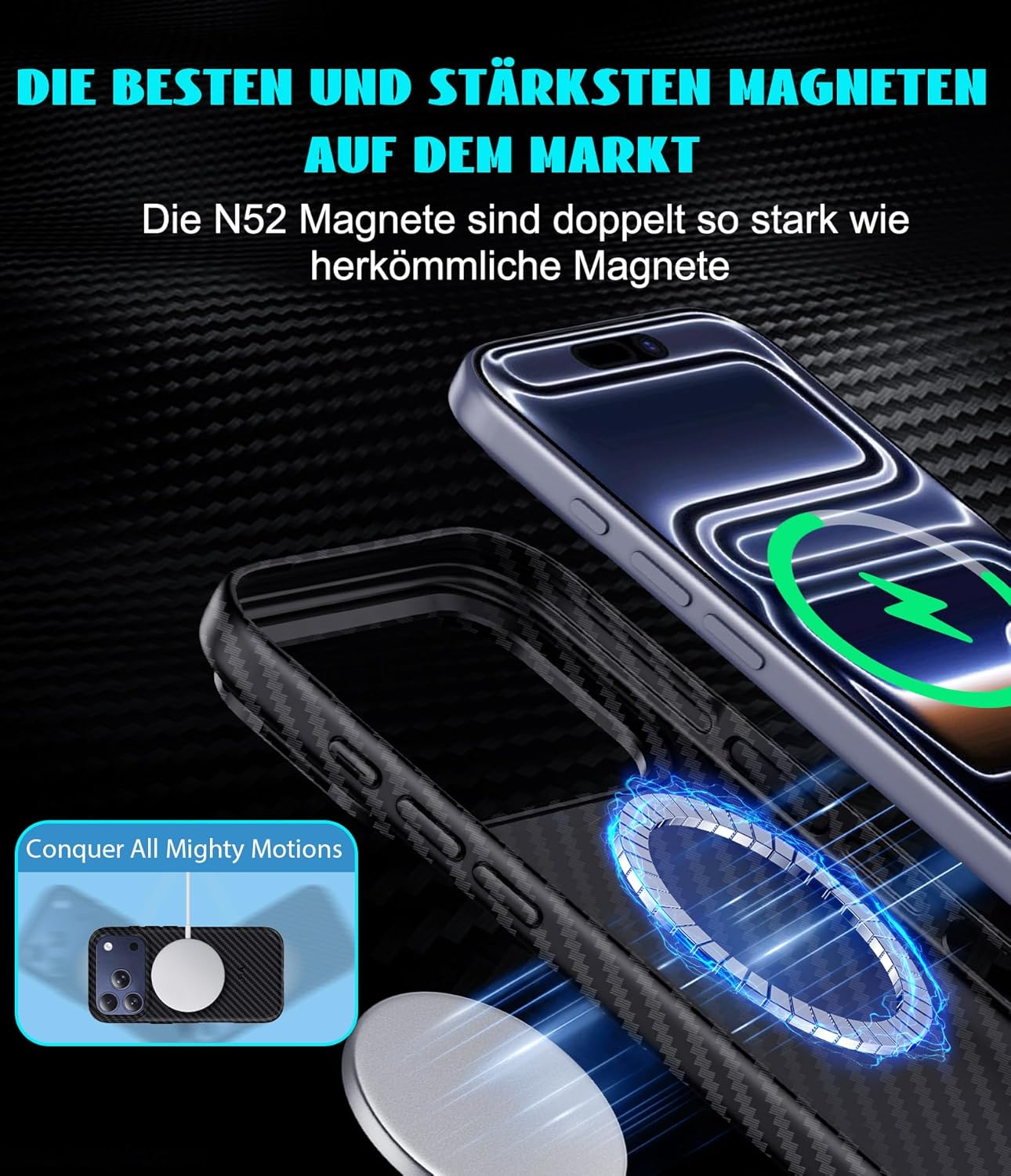 Phoneaura Magcase Deluxe Carbon Case for Iphone 17 Pro, Compatible with Magsafe, Carbon Case, Iphone 17 Pro, Protective Glass Case, Mobile Phone Case (Carbon Look + 2 Protective Glasses + 1 Camera image number 5