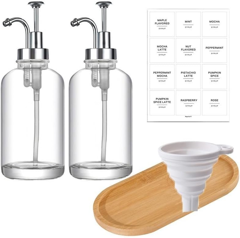 Coffee Pump Dispenser, Coffee Syrup Dispenser Set - Glass Syrup Bottle with Pump for Coffee Bar - 16.9 Oz 500 Ml - Set of 2 - Silver