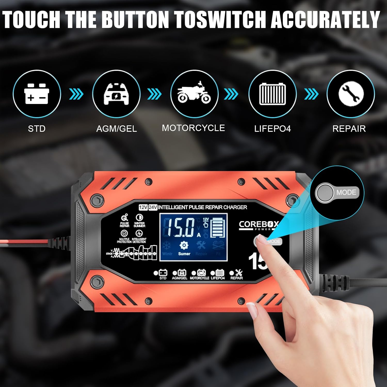 B-Qtech Car Battery Charger 15-Amp 12V/24V, Smart Trickle Charger for Car, Battery Maintainer Trickle Charger, Automotive Battery Charger with Temperature Compensation for Truck Motorcycle Lawn Mower image number 3