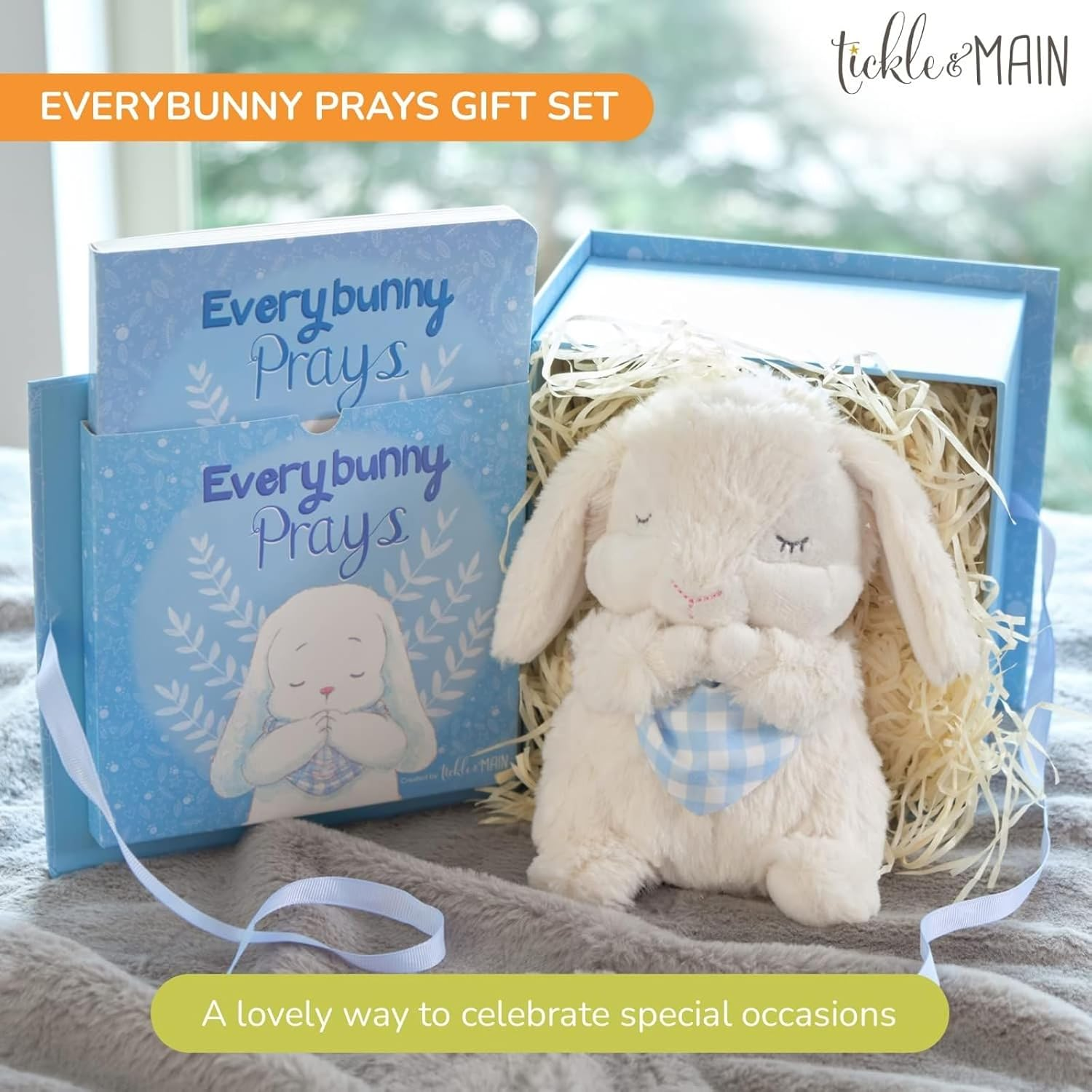 Tickle & Main Everybunny Prays - the Praying Musical Toy - Baptism & Christening Gifts for Boys, Babies & Toddlers on Easter & Christening (Blue, 7 In) - Baptism Gifts for Girl - Bunny Stuffed Animal