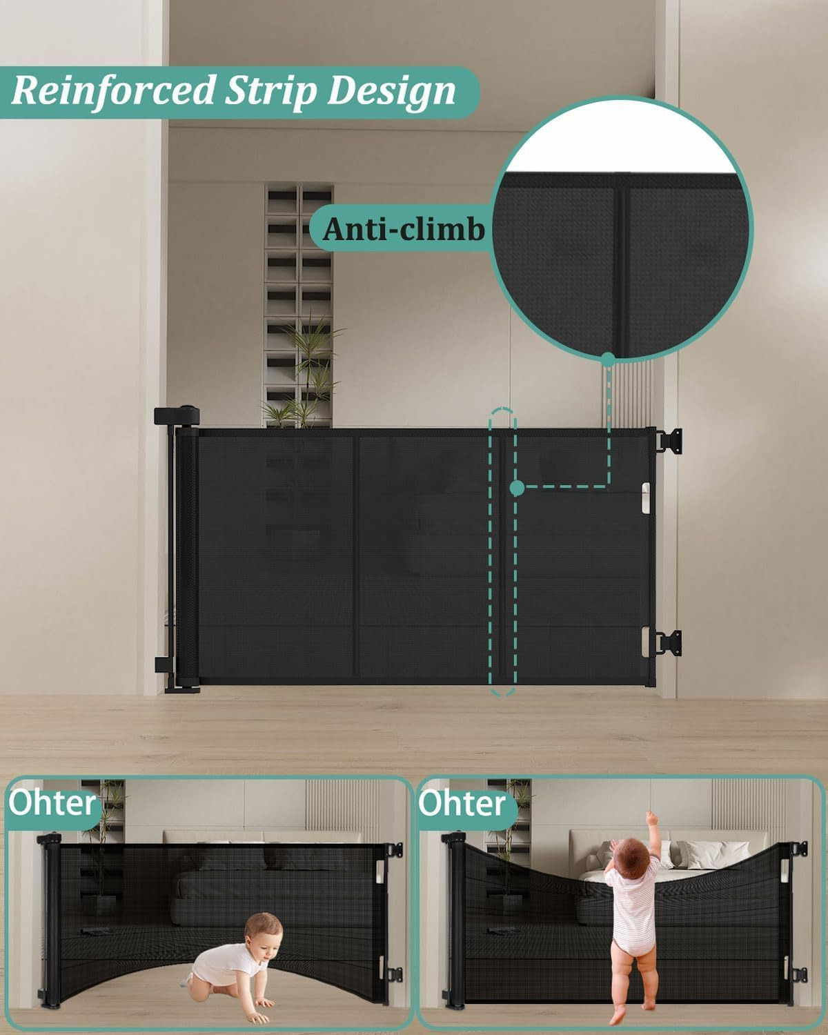 Retractable Baby Gate Retractable Driveway Gate 34" High Extends to 71" Wide Baby Gate Stairs Doorways Indoor Retractable Gate Outdoor Extra Wide for Enhanced Safety Mesh Baby Gate(86Cmx180Cm, Black) image number 5