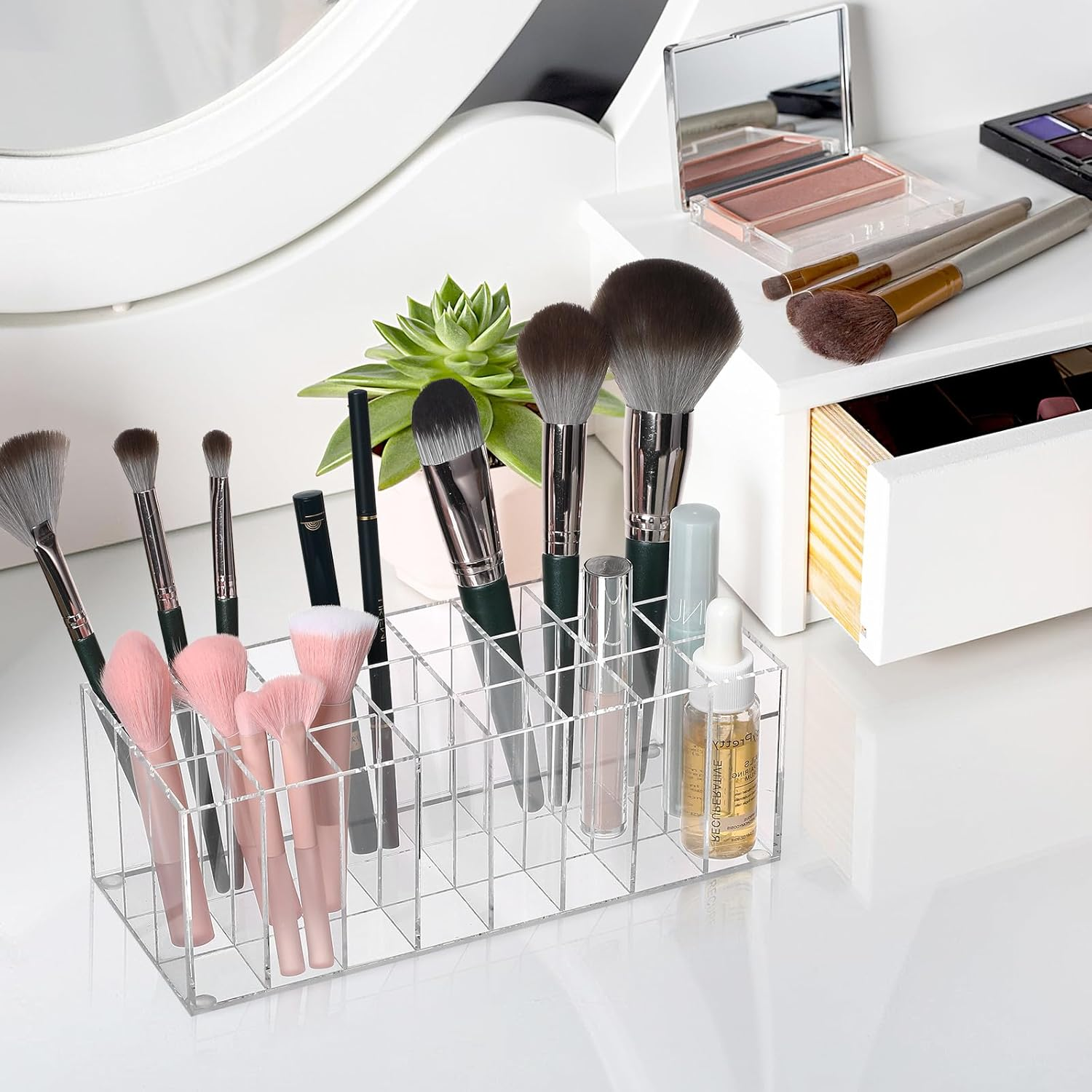CHICAMPERA Transparent Acrylic Lip Gloss and Lipstick Holder with Compartments Makeup Storage Organizer Rack for Eyebrow Pencils and Cosmetics Capacity Desktop Display image number 1