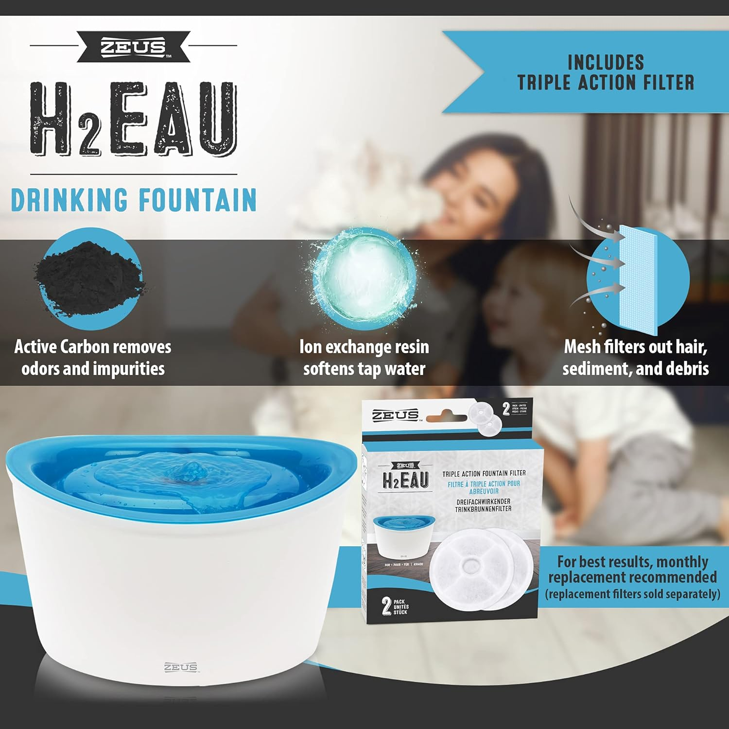 Zeus Fresh & Clear Elevated Dog and Cat Water Dispenser, Large Drinking Water Fountain with Purifying Filter, 6L Capacity image number 1