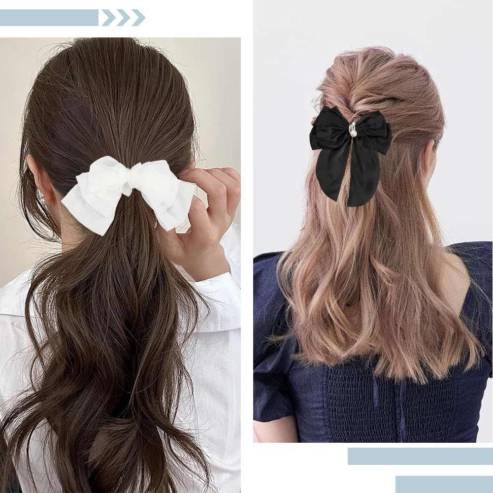 SOFPLATE 4 Pieces 4 Styles Black Hair Clips with Bow Coquette Hair Clips with ABS Plastic Colourful Fabric Large Bow Aesthetic Alligator Hair Clips Accessories for Short and Long Hairstyles DIY image number 4
