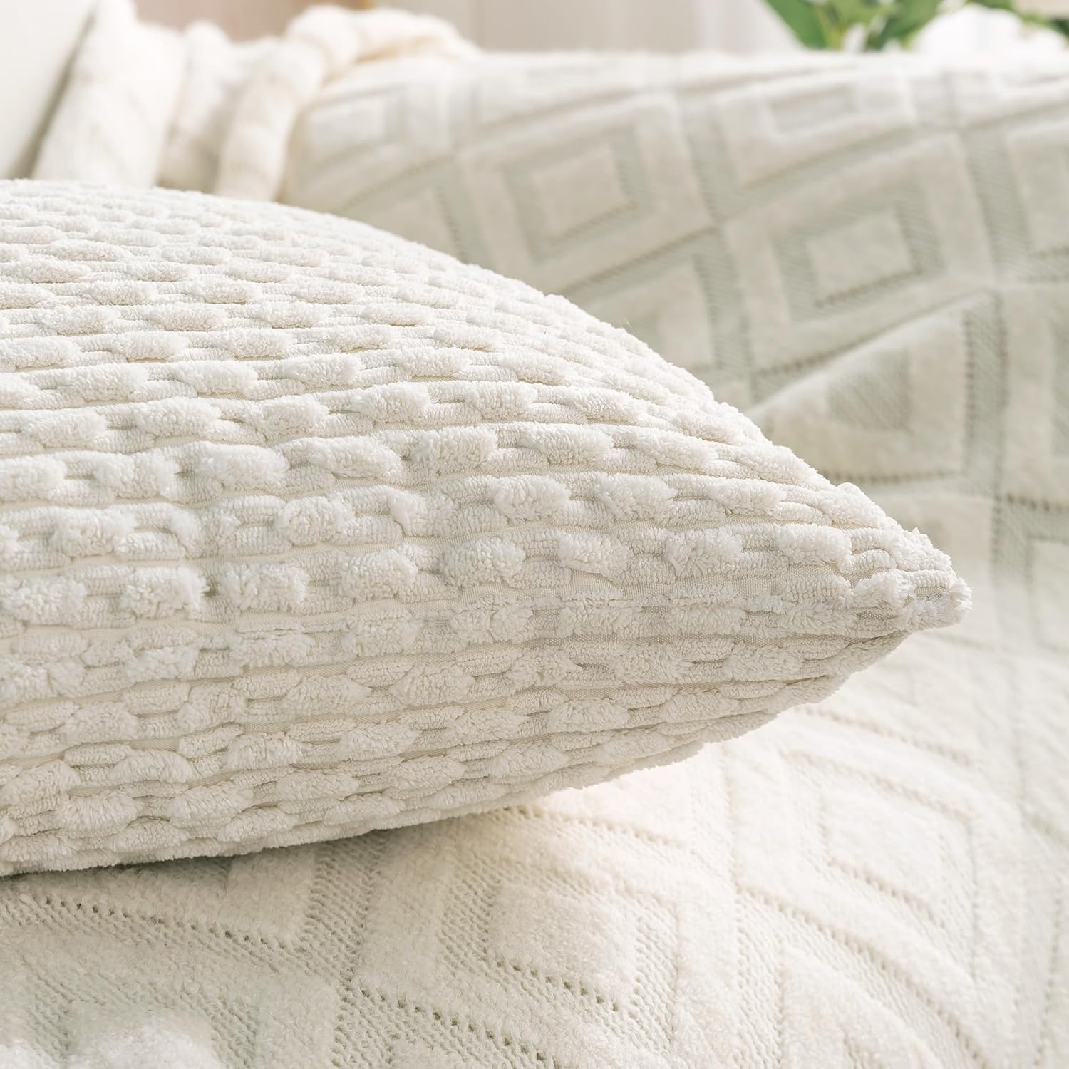 Cozoomy Set of 4 Cream White Decorative Throw Pillow Covers 18X18 Inch Corduroy Pillow Covers for Bed Couch Sofa Living Room Soft Square Cushion Cases image number 5