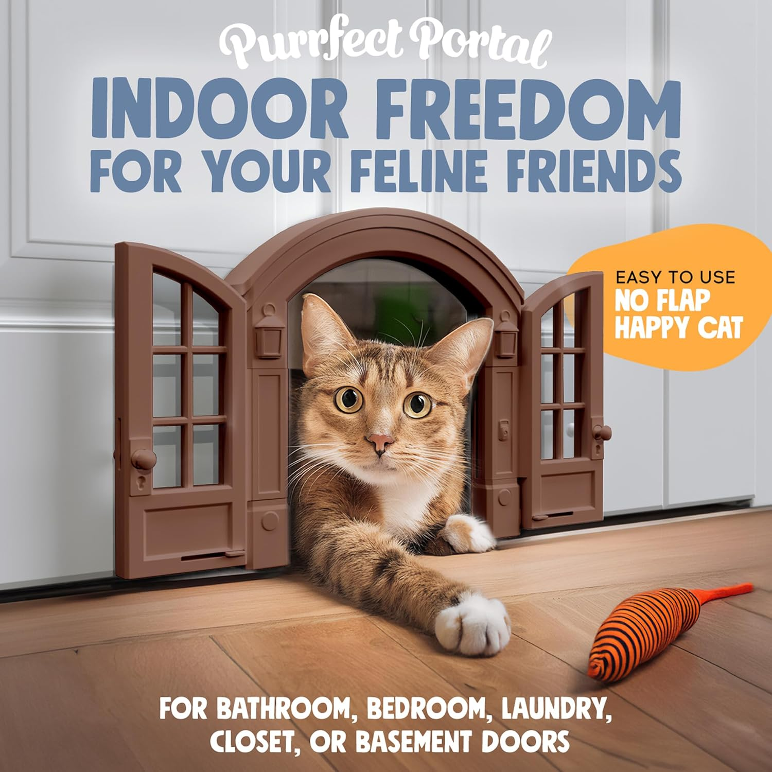 Purrfect Portal French Cat Door - Stylish No-Flap Cat Door Interior Door for Average-Sized Cats up to 20 Lbs, Easy DIY Setup, Secured Installation in Minutes, No Training Needed, 7.13 X 8.32&rdquo; - Brown image number 6