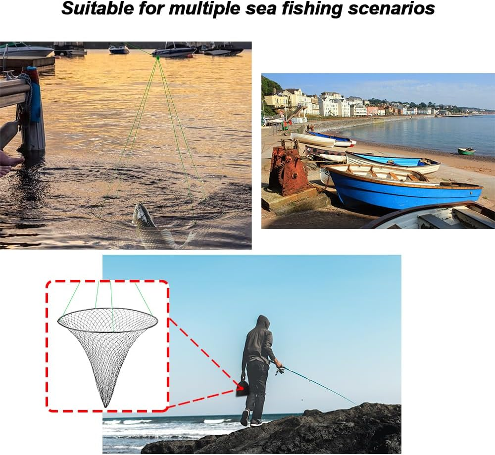 2-Pack Foldable Fishing Drop Nets - Soft Steel Hoop & Nylon Mesh Nets with Rope for Bridge/Pier Fishing, Comes with Storage Bag and Bait Bag (Easy Storage) image number 2