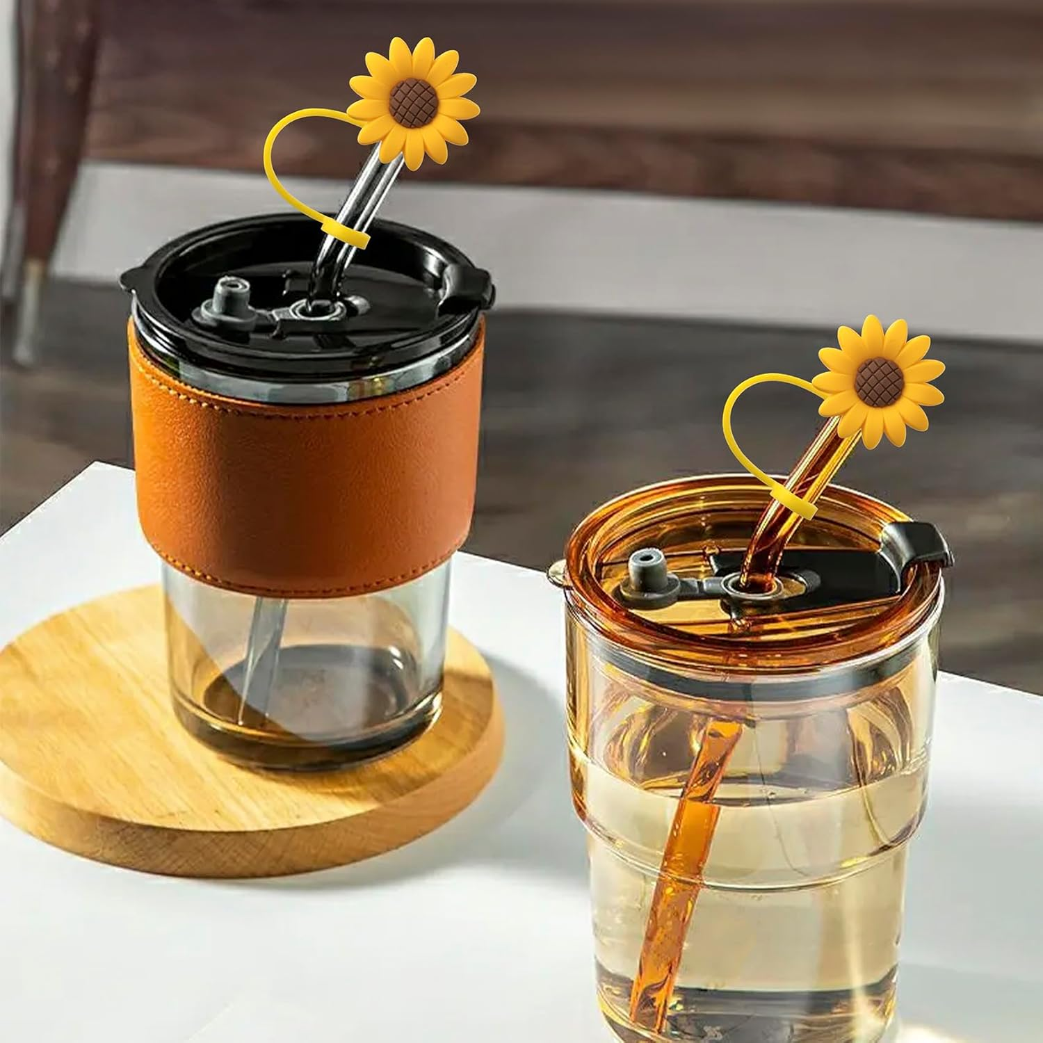 5 Pcs 0.3Inch Sunflower Straw Toppers Reusable Silicone Drinking Straw Covers Yellow Cup Dispenser Caps Dust-Proof Accessory image number 5