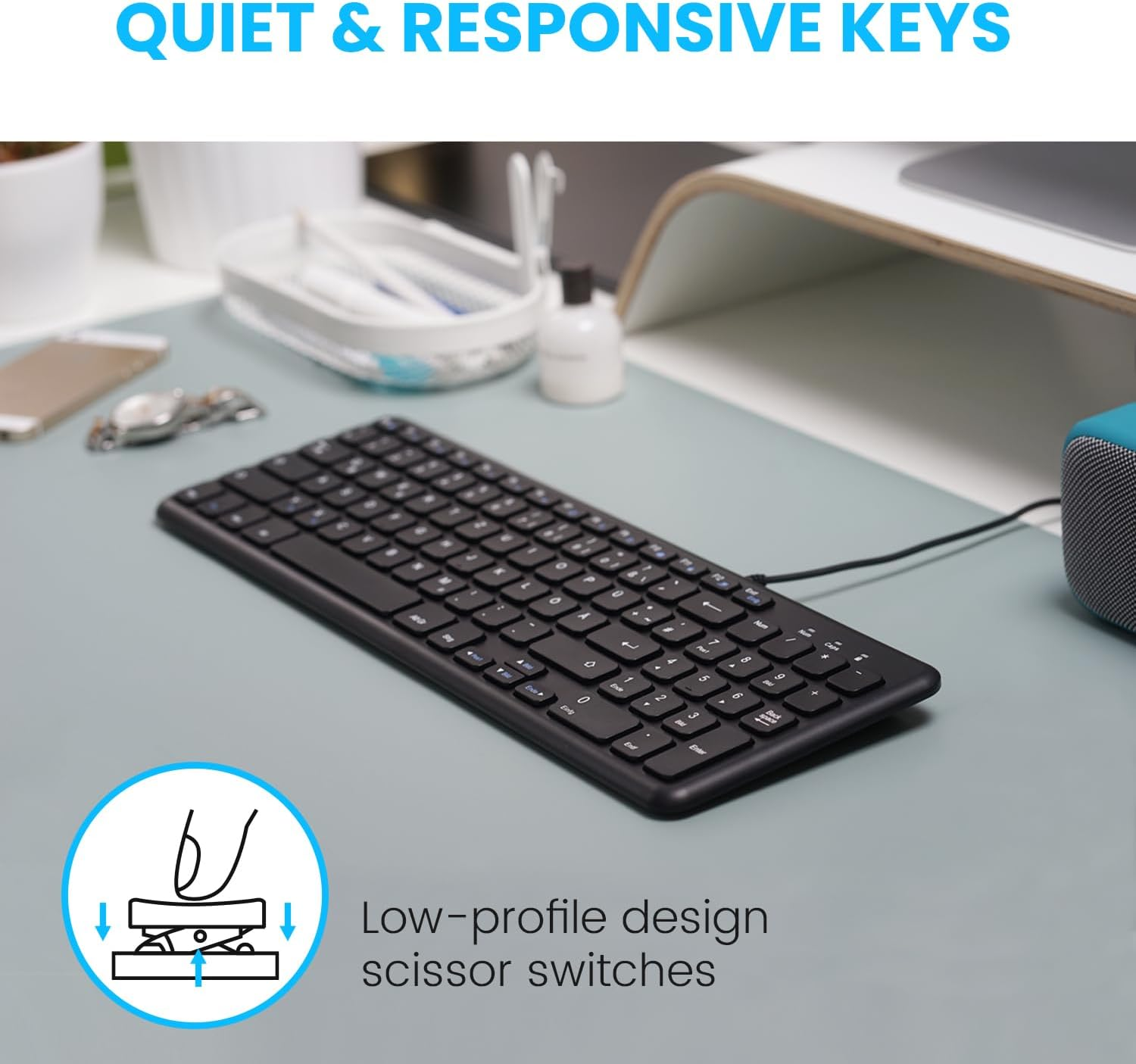 Perixx PERIBOARD-213U Wired Silent USB Scissor Keyboard, Compact Design with Number Pad, Black image number 2