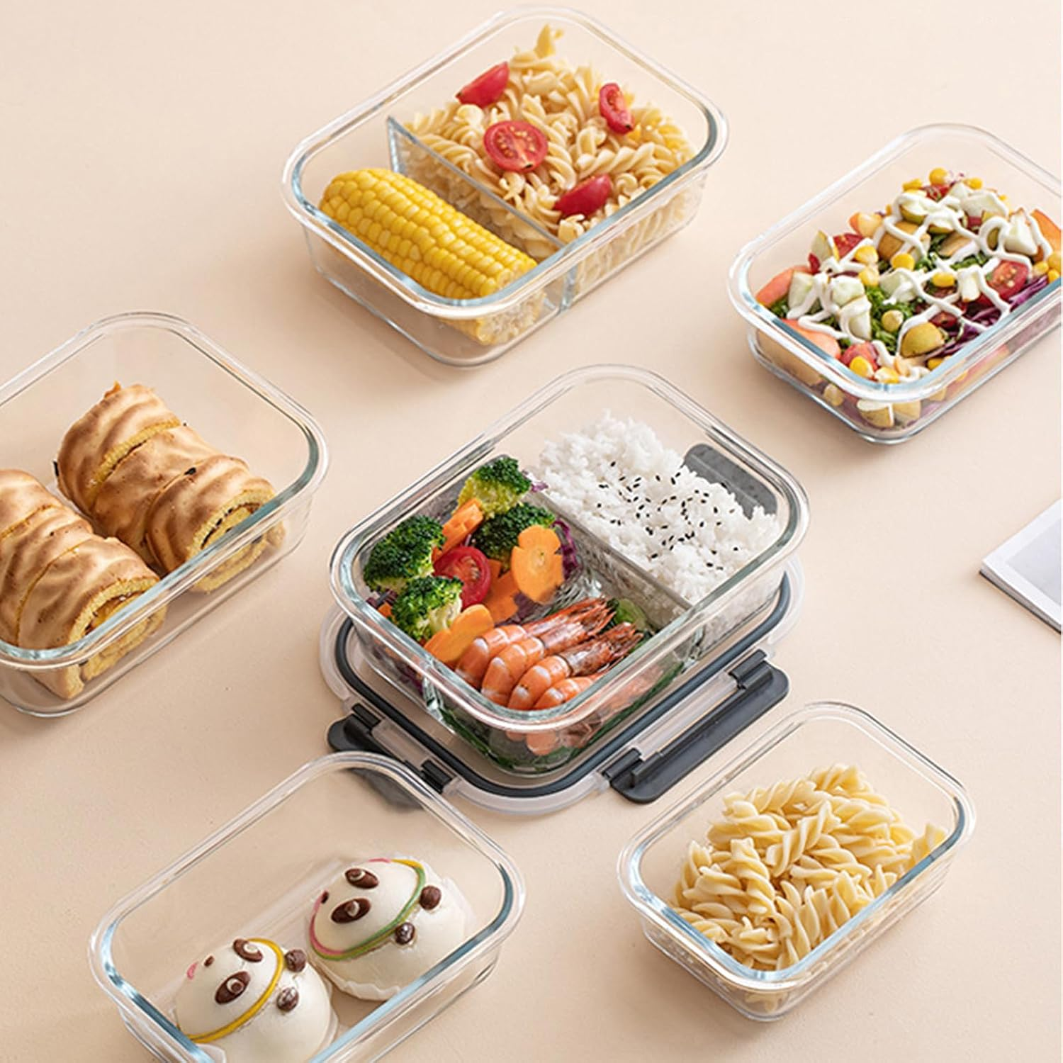 Glass Food Storage Containers(5 Pieces with Partitions,5 Pieces without Partitions),Glass Meal Prep Containers with Snap Lock Leakproof Lids,For Microwave,Freezer,Oven and Dishwasher image number 2