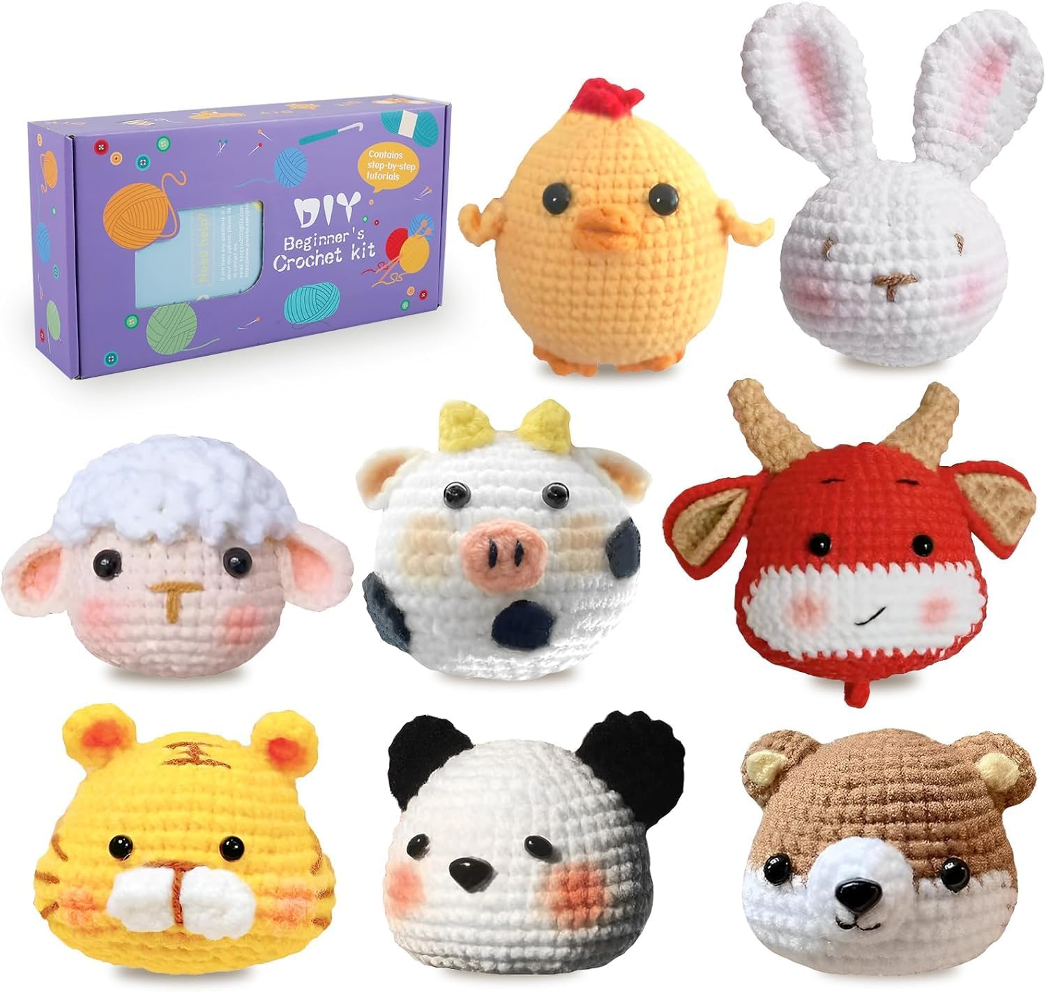 8Pcs Crochet Kit for Beginners,Beginner Crochet Starter Kit with Step-By-Step Video Tutorials,Ergonomic Adorable DIY Animal Crochet Craft Kit with Yarn Stuffing and Keychain,Crochet Starter Pack for Adults (3Pcs)