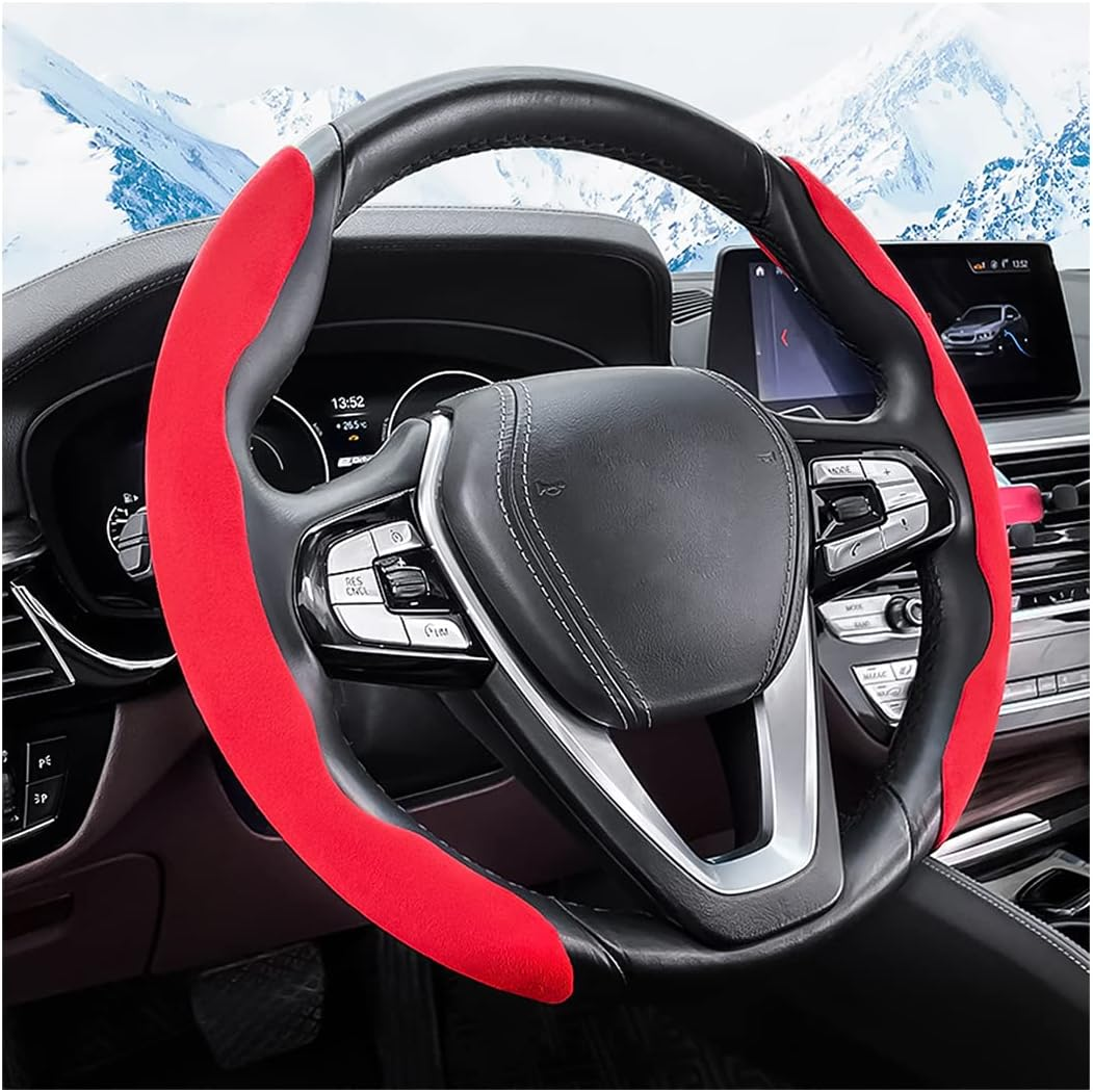 Car Steering Wheel Cover, Microfiber Suede Leather and Carbon Fiber Double Sided Design, Warm in Winter and Cool in Summer, Breathable Non Slip Segmented Protector for Most Cars (Turn Fur/Red) - Brown/Black image number 4