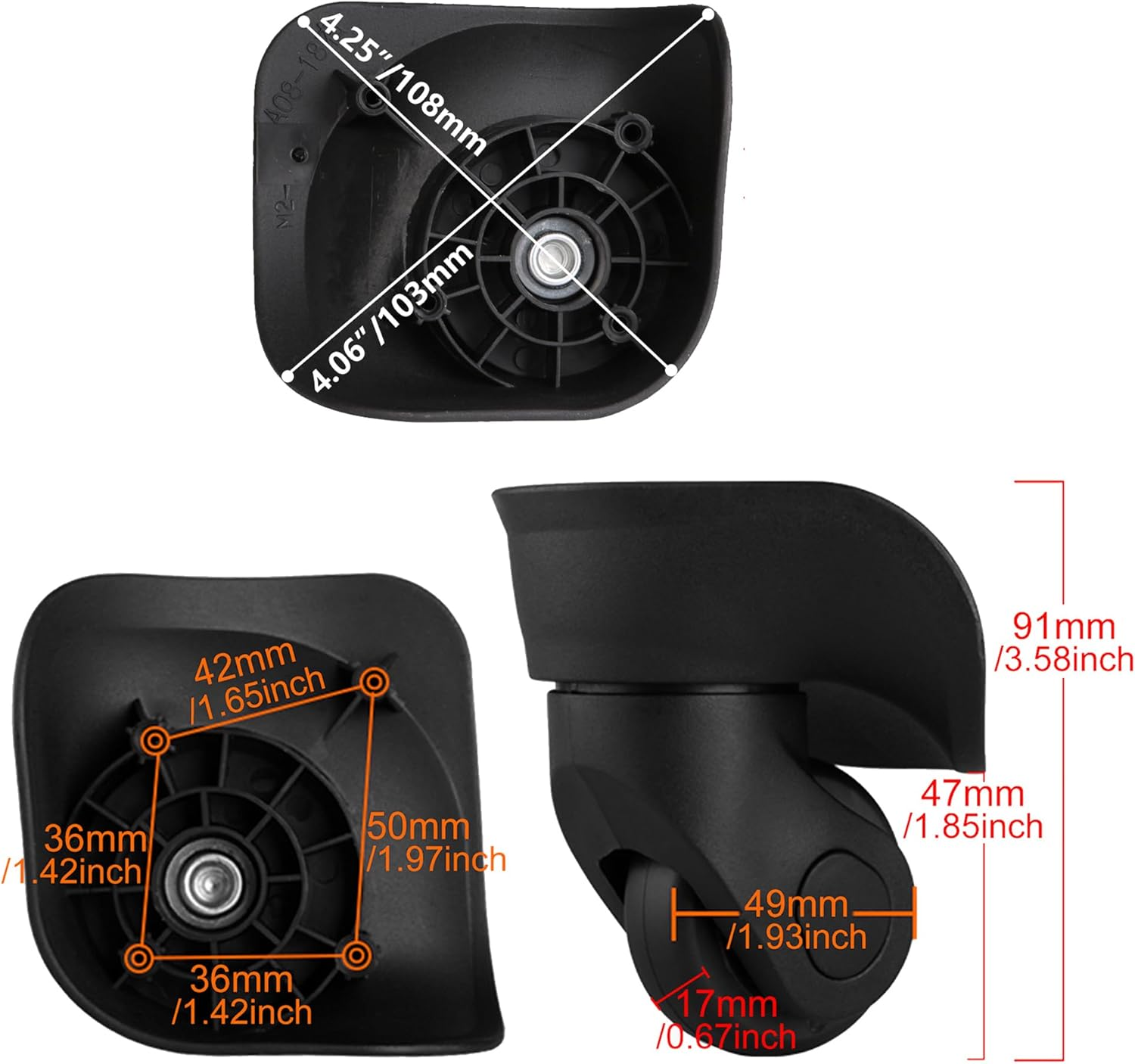 Logyues 3Pcs Universal Swivel Wheel Left (Big) Suitcase Wheel (3L) 115W Series W041 Wheel Replacement Black image number 2