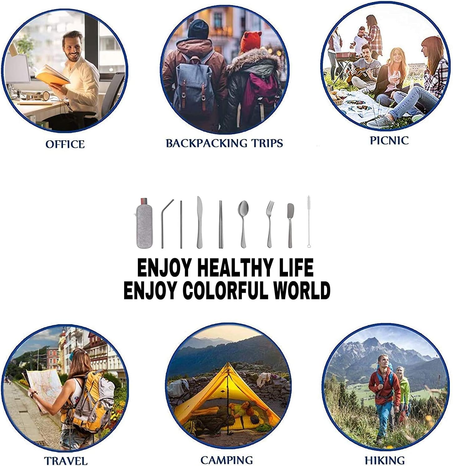 Travel Cutlery Set | Portable Camping Utensils Set Including Knife Fork Spoons Straws Chopsticks Cleaning Brush, Reusable Travel Cutlery Kit Stainless Steel [8 Piece Silver] image number 5