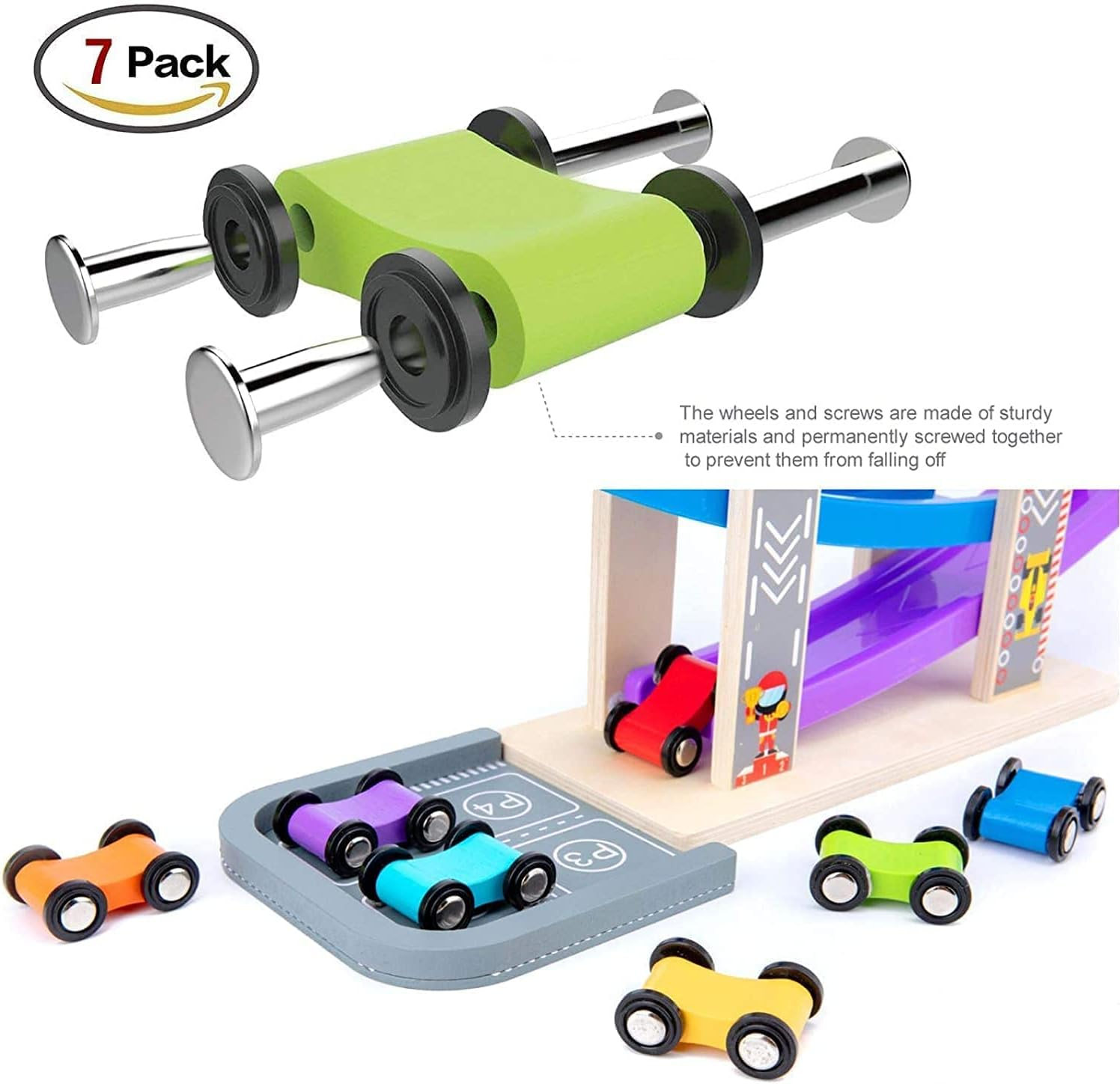 Car Ramp Racer Toy for Toddler - Baby Car Race Track Vehicle Playsets with 6 Wooden Race Cars, 1 Parking Garage, 3 Extra Bridges and 6 Car Ramps for Boys & Girls image number 3