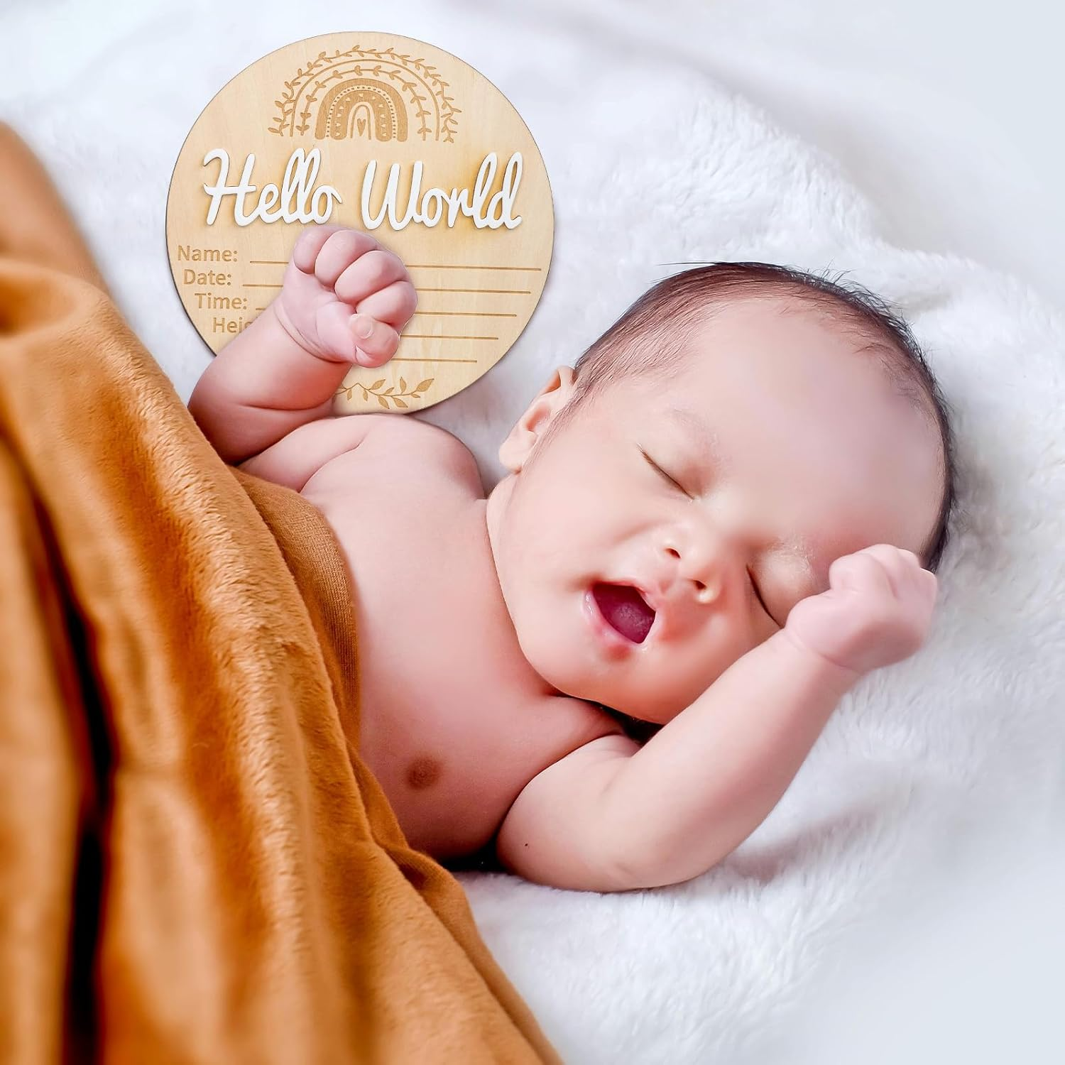 NQEUEPN Baby Announcement Sign, 5.91X5.91In Hello World Newborn Sign Wooden Baby Name Information Sign Birth Announcement Cards for Newborn Baby Wall Decoration Shower Nursery (Rainbow Pattern) image number 1