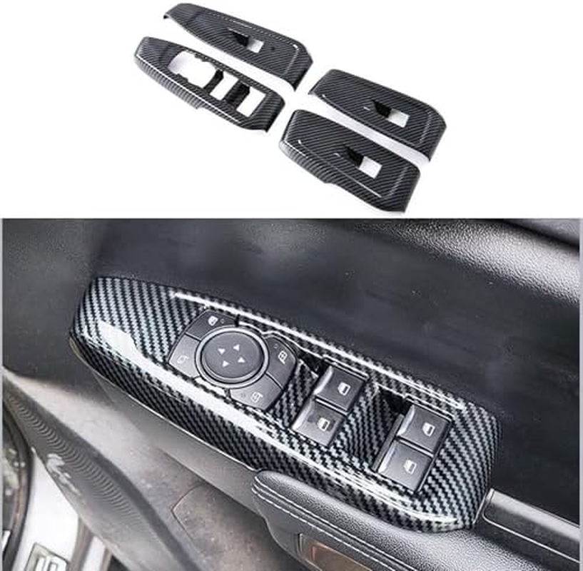 4Pcs Door Armrest Window Lift Trim Switch Panel Protective Cover Car Accessories Compatible with Ford Ranger 2022 2023 2024 Carbon Fiber Interior Trim Cover ABS