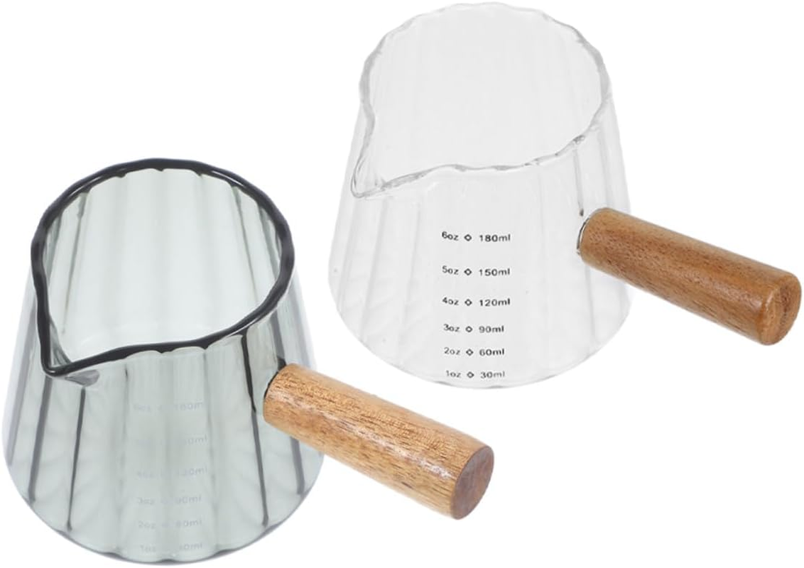 Iplusmile 2Pcs Clear Glass Milk Measuring Cups with Wooden Handles Small Frothing Pitchers for Espresso and Multipurpose Mini Milk Jugs for Coffee Lovers at Home Office image number 3