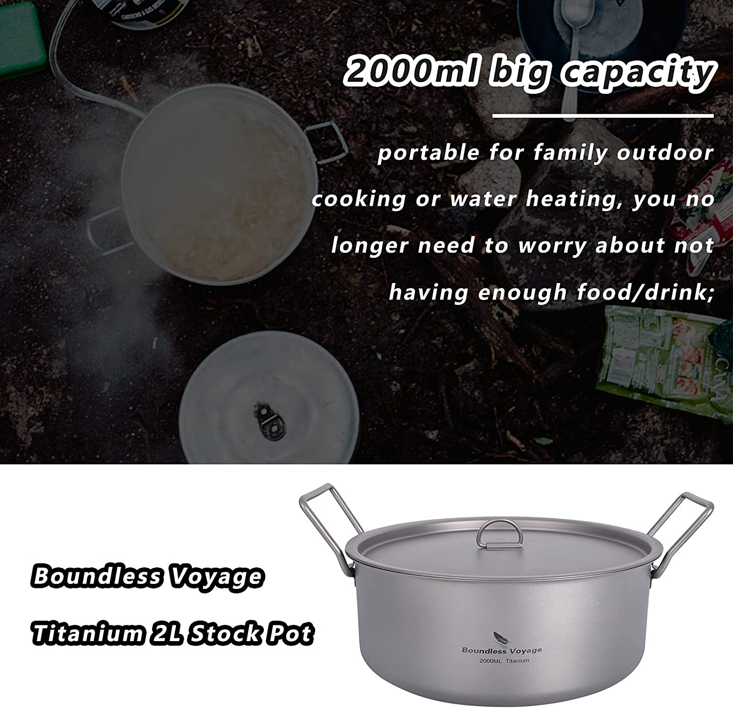 Boundless Voyage Outdoor Camping Titanium Pot 2L Stockpot with Lid Folding Handle Hiking Picnic Portable Big Capacity Soup Pot Home Kitchen Ti2054C image number 6
