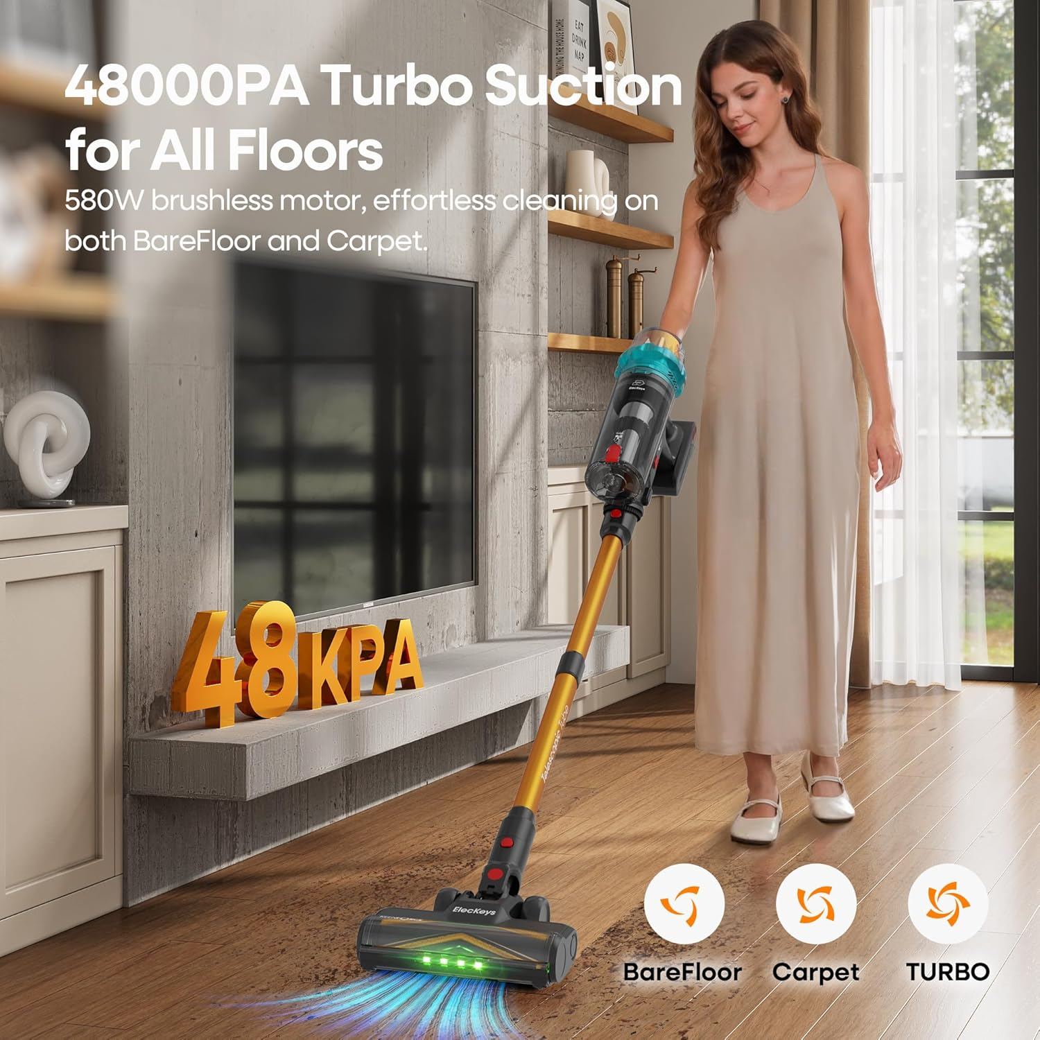 Eleckeys Cordless Vacuum Cleaner, Upgraded 580W 48KPA 65Mins Self-Standing Vacuum Cleaners with LED Display, Anti-Tangle, 1.8L Large Dust Cup, Rechargeable Vacuum for Pet Hair/Hard Floors/Carpet image number 4