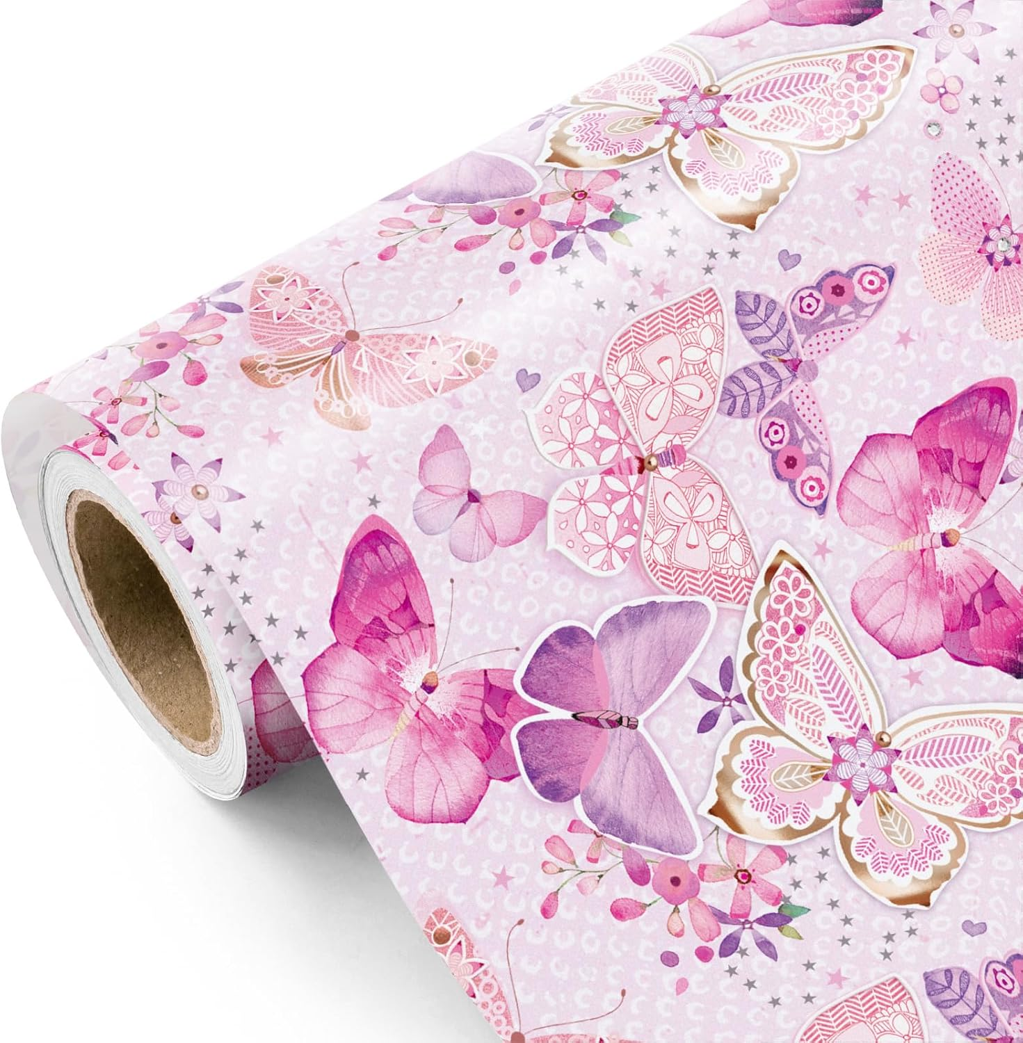 WRAPAHOLIC Pink Butterfly Wrapping Paper Roll - Mini Roll - 17 Inch X 33 Feet - Fantasy Butterfly Design, Perfect for Birthday, Wedding, Bridal Shower