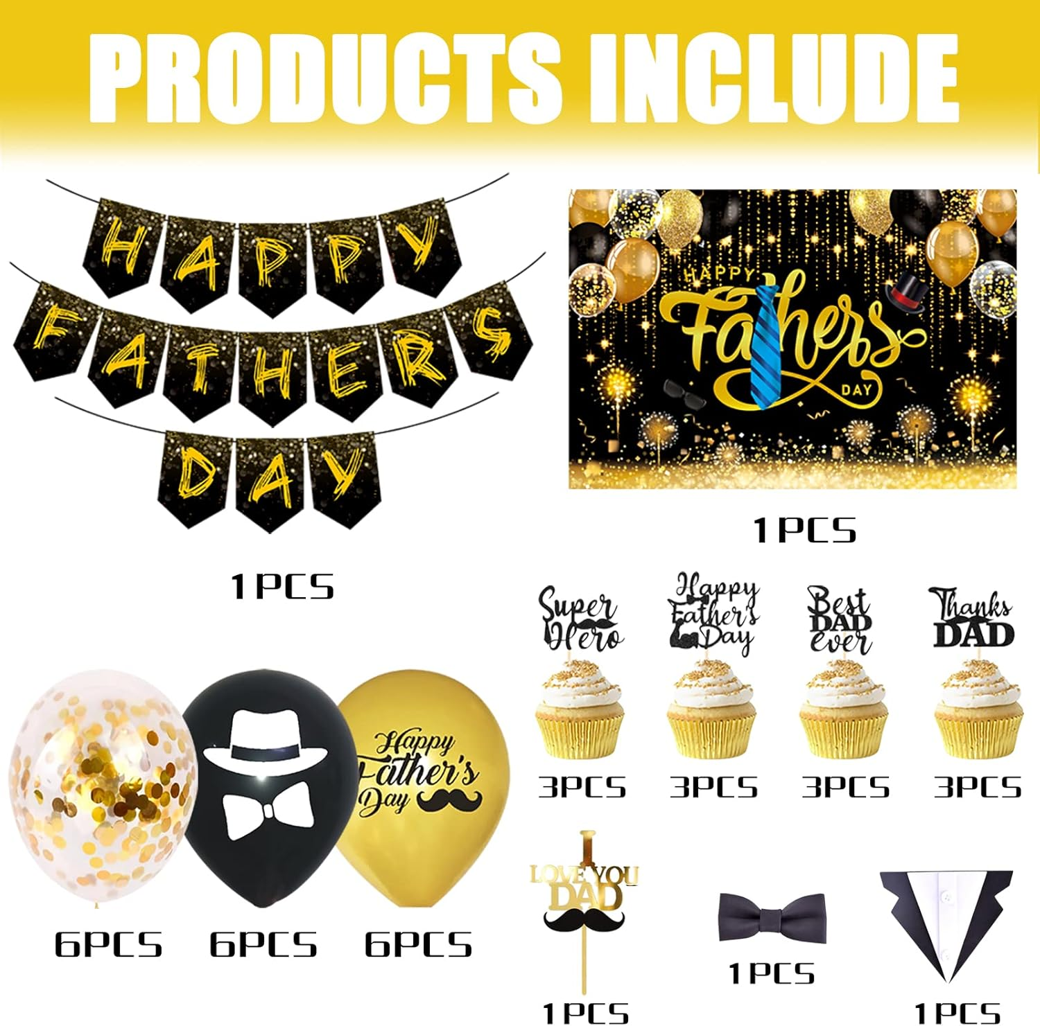 Fathers Day Decorations Kit, Black and Gold &ldquo;HAPPY FATHER'S DAY &rdquo;Banner，Cake Topper, Glitter Black Backdrop for Dad'S Party Decor image number 3