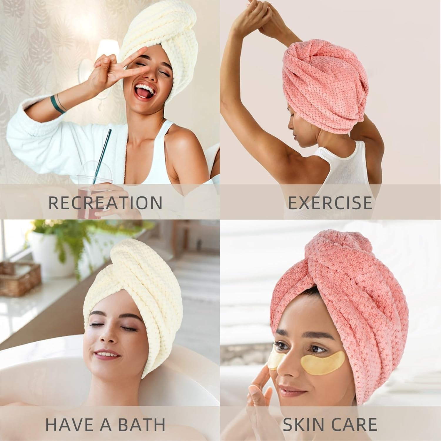 Super Absorbent Hair Towel Wrap for All Hair Long&Thick Hairs Turban Head Wrap with Pineapple Plaid Design Hair Towel Wrap for Women(Beige&Light Pink) image number 1