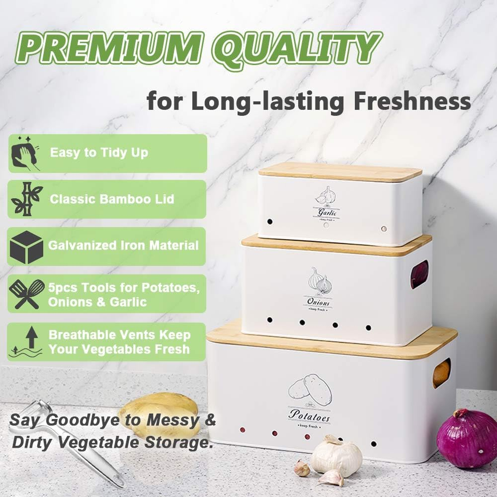 8PCS Kitchen Vegetable Storage Containers,Potato and Onion Garlic Storage Bin with Peeler,Slicer,Masher,Garlic Press & Cloth, Carbon Steel Potato Storage Box with Airflow & Wooden Lid (White)