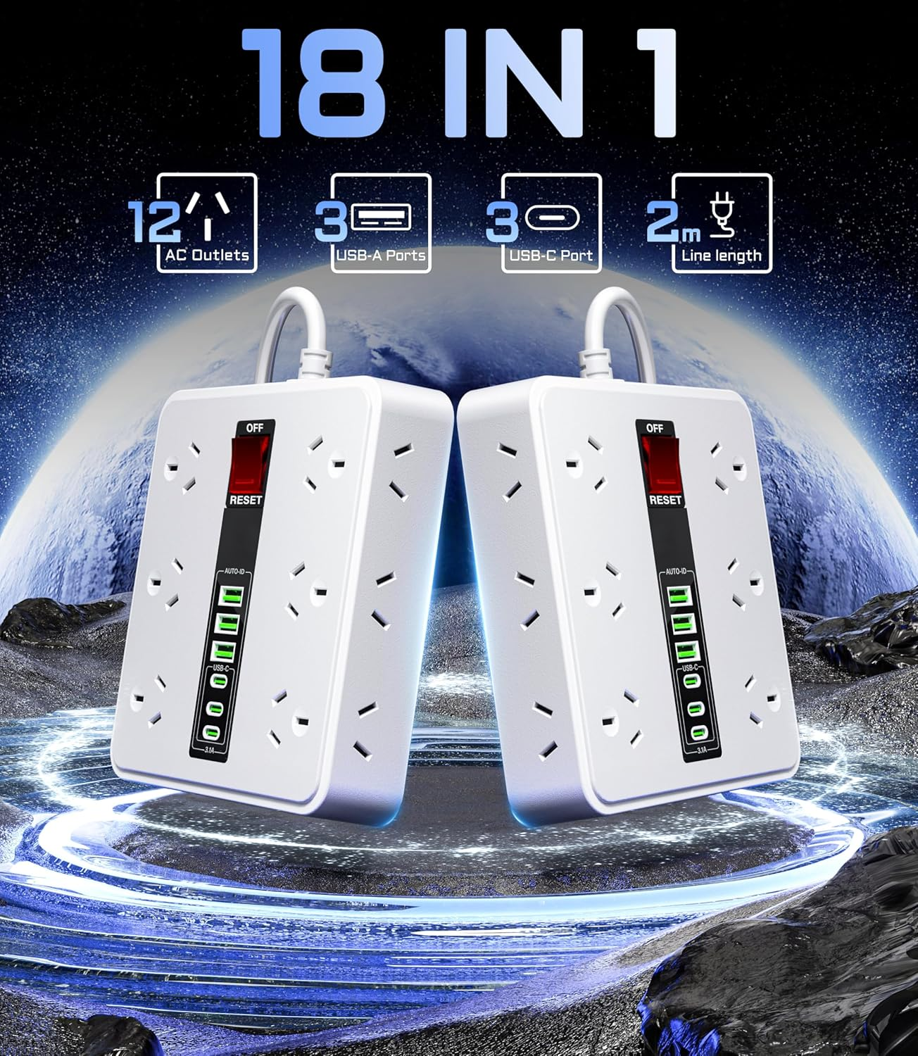 HEYMIX Powerboard USB Surge Protector - 18IN1 Power Board with 3 USB C & 3 USB A, 12 Outlet Power Strip with 1.9M Extension Cord,Wall Mountable 2500W Surge Protection and Overload Switch White image number 2