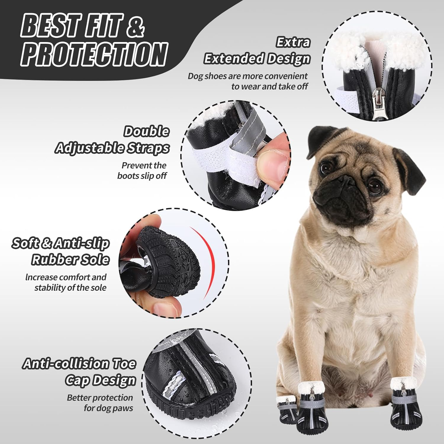 Waterproof Dog Boots, Fleece Shoes with Reflective Straps Winter Dog Paw Protector Warm Booties for Injured Paws Anti-Slip Walking Boots Outdoor for Small, Medium Dogs, Puppy (L) image number 6