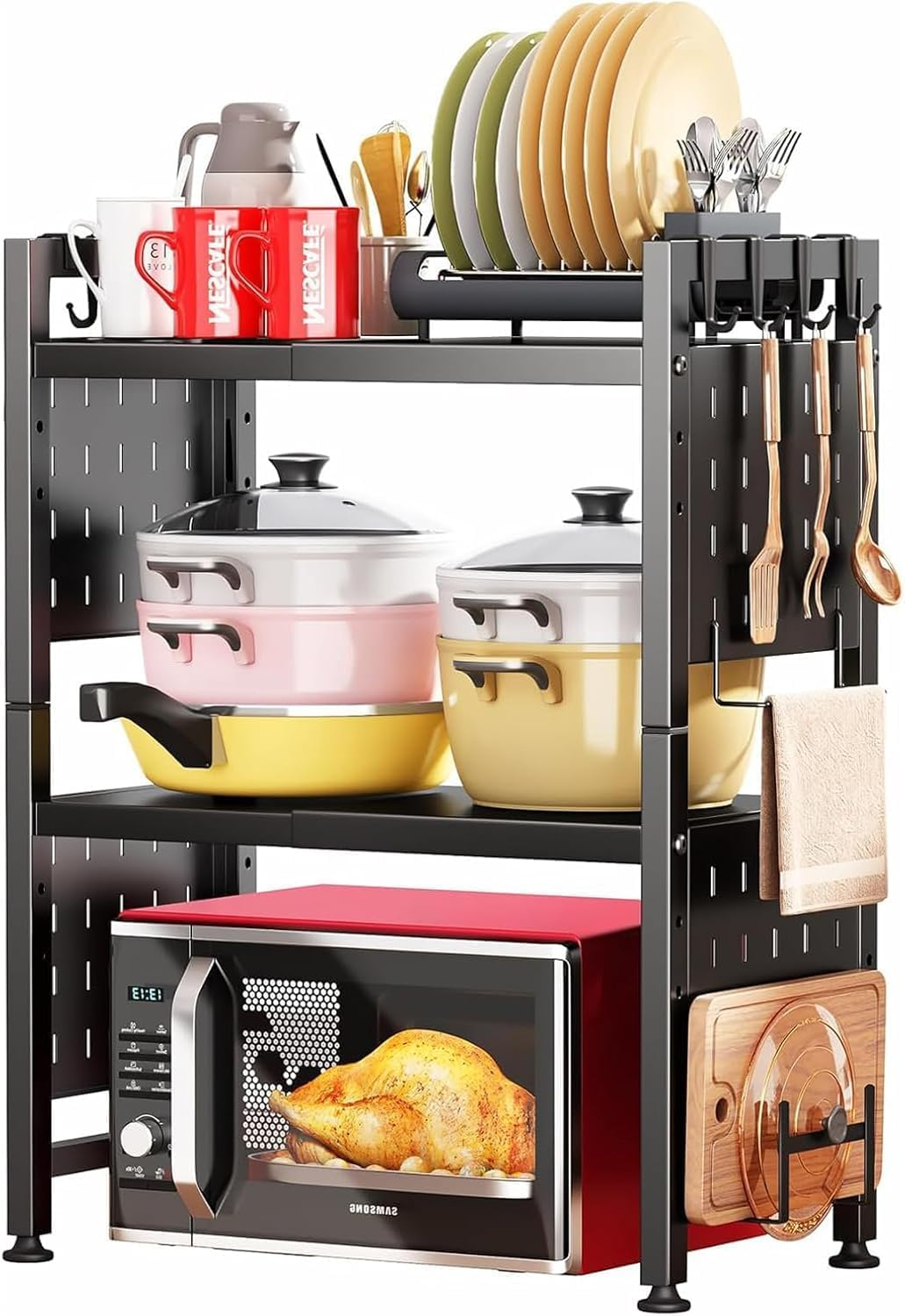 3 Tier Microwave Oven Rack, Adjustable Microwave Shelf Organizer with Hooks, Metal Kitchen Countertop Microwave Storage Expandable Stand, Black image number 4